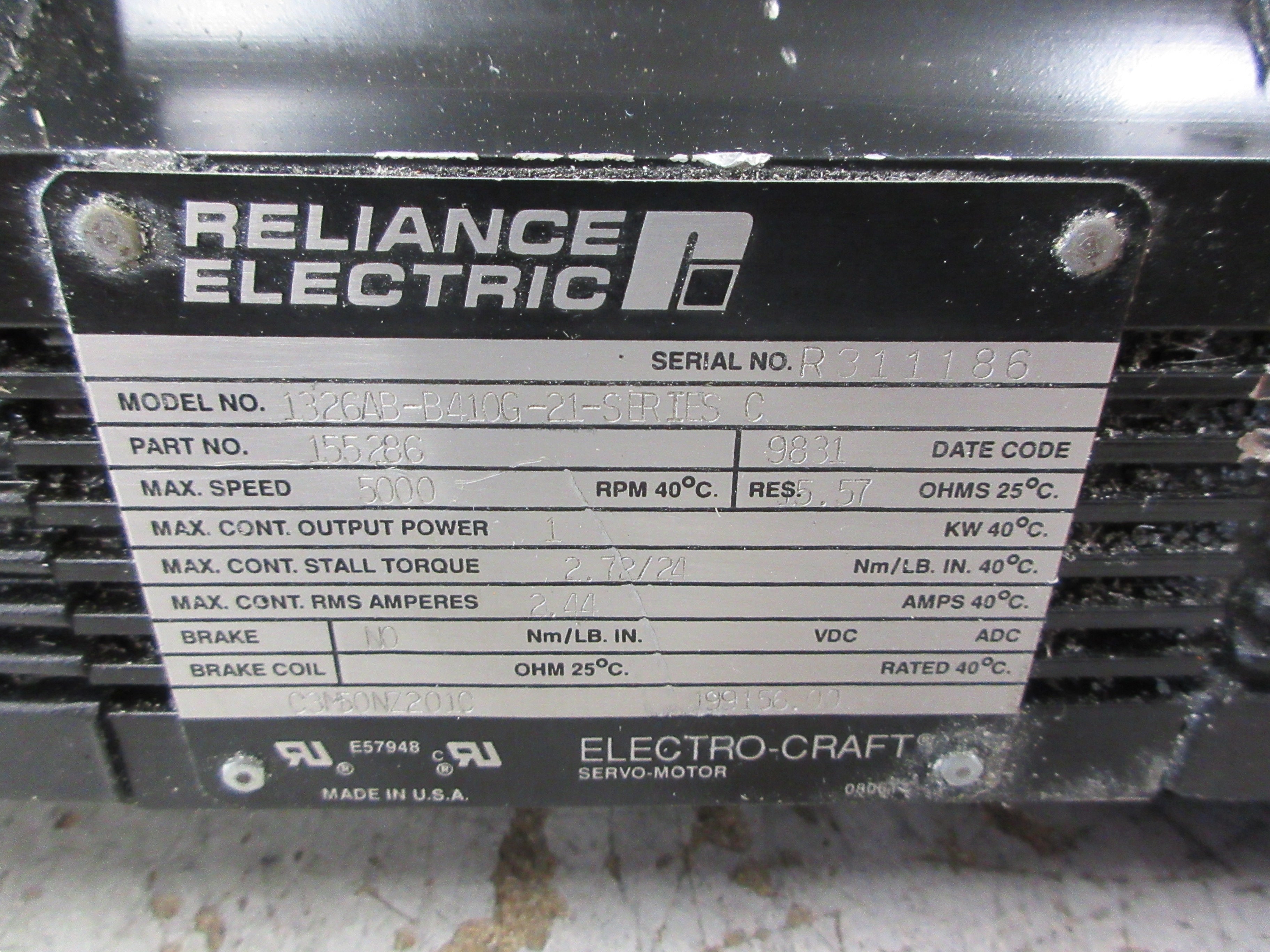 Reliance Electric Electro-Craft Servo Motor 1326AB-B410G-21 Ser. C 1 KW Used