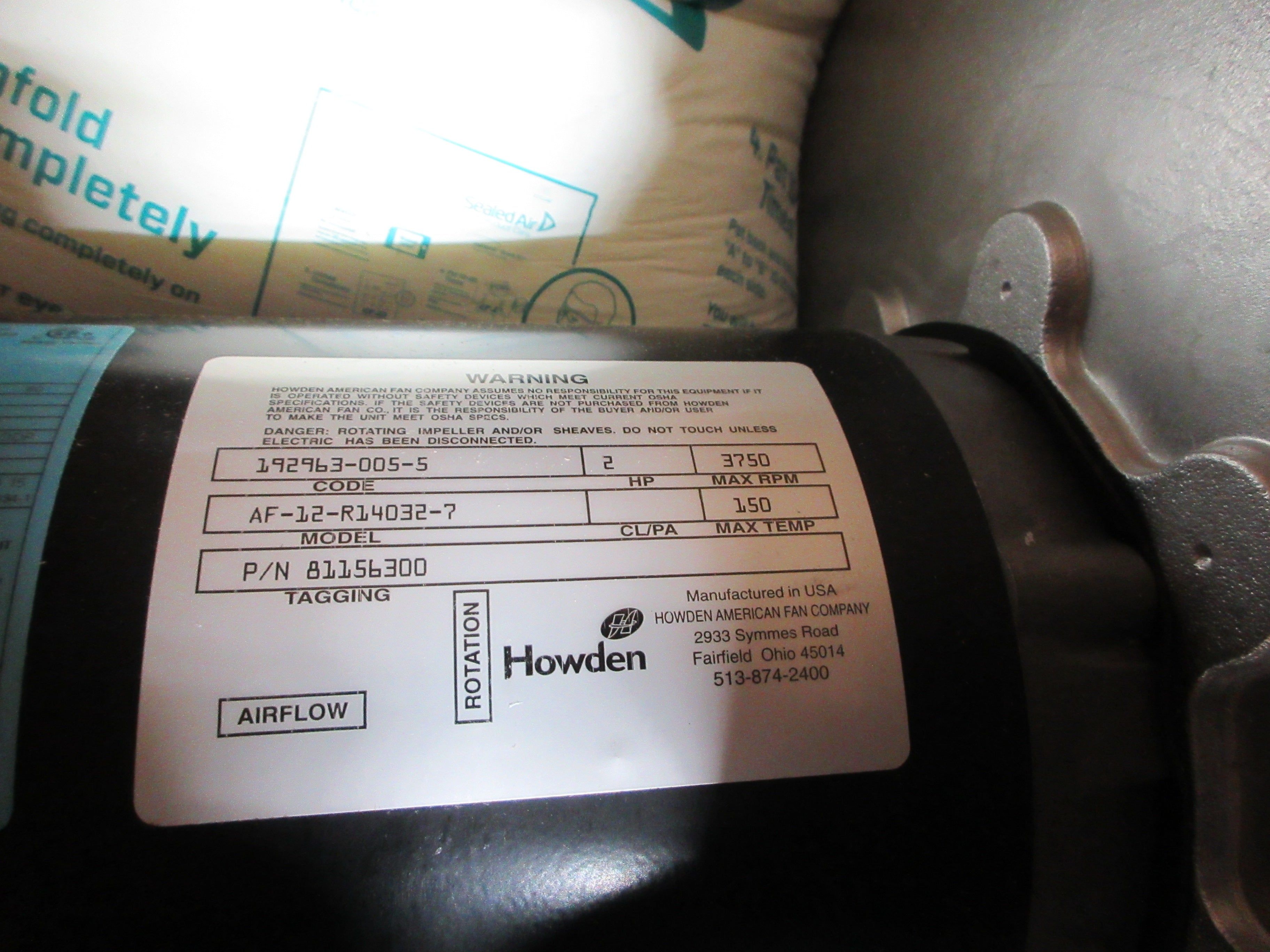 Howden Blower AF-12-R14032-7 2HP 3750RPM New Surplus