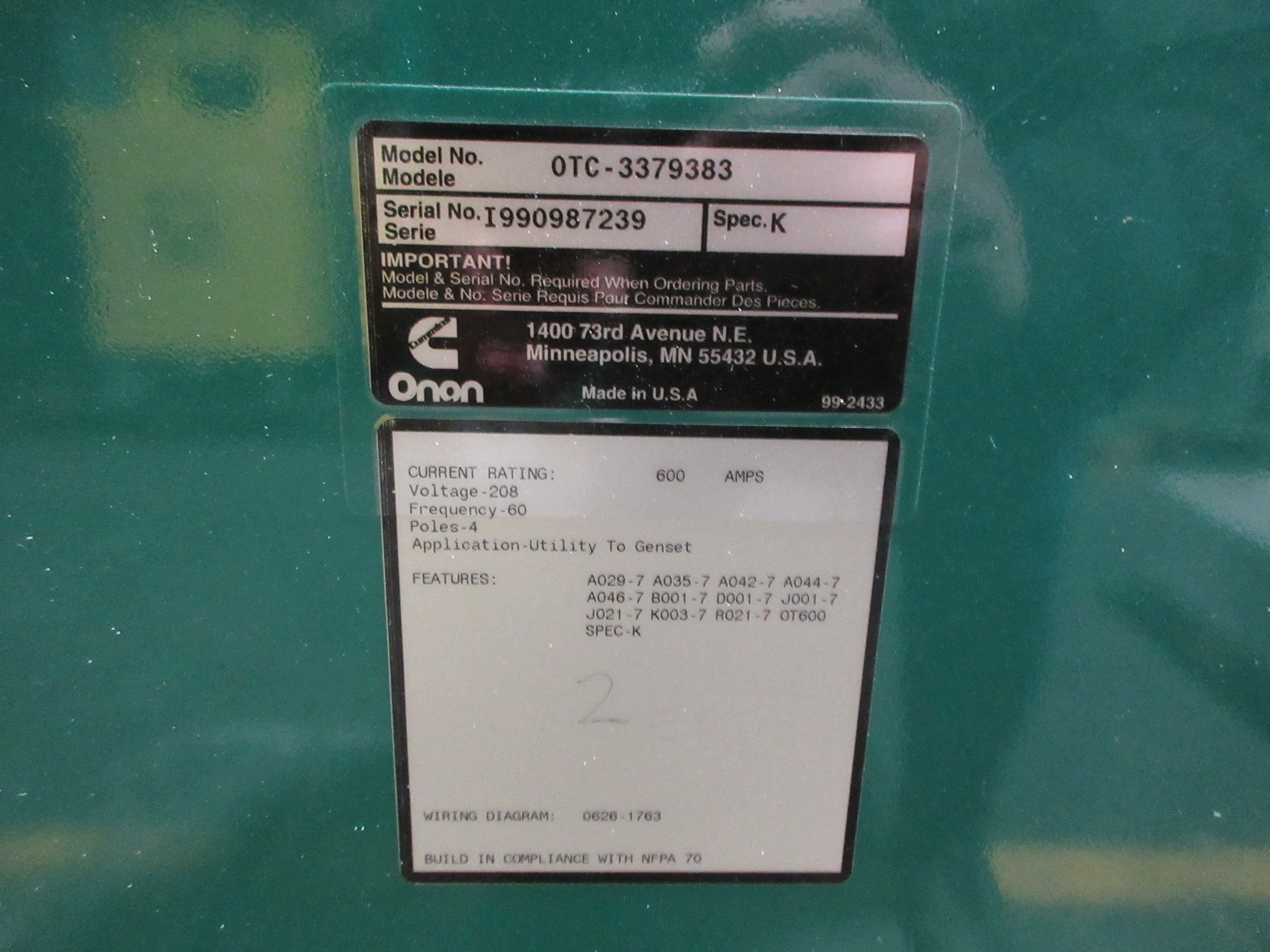 Cummins Onan Automatic Transfer Switch OTC-3379383 600A 208V 60Hz 4P Used