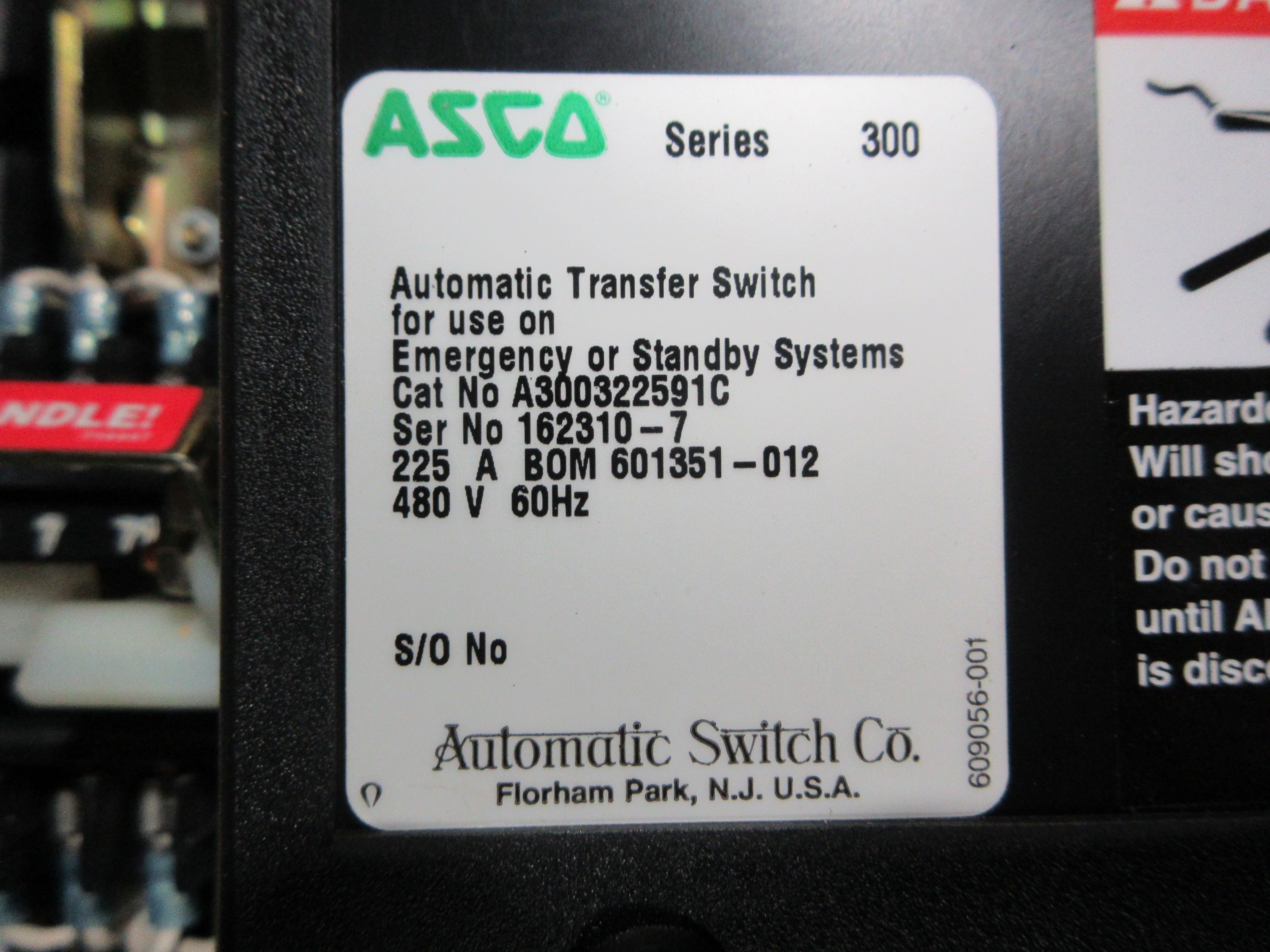 Asco Series 300 Automatic Transfer Switch A300322591C 225A 480V 60Hz 3Ph Used