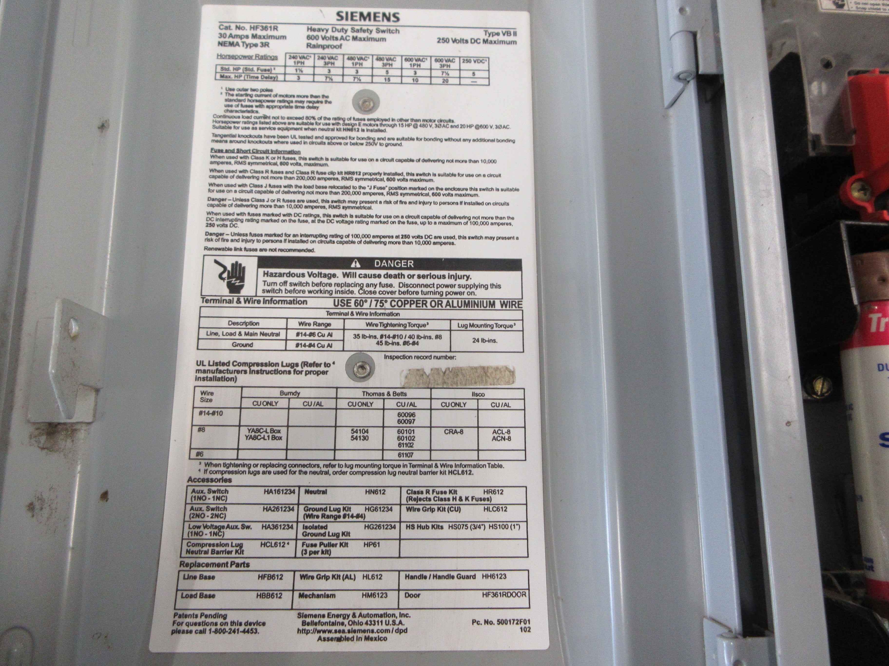 Siemens 3R Fusible Safety Switch/Disconnect HF361R 30A 600V 3P Used