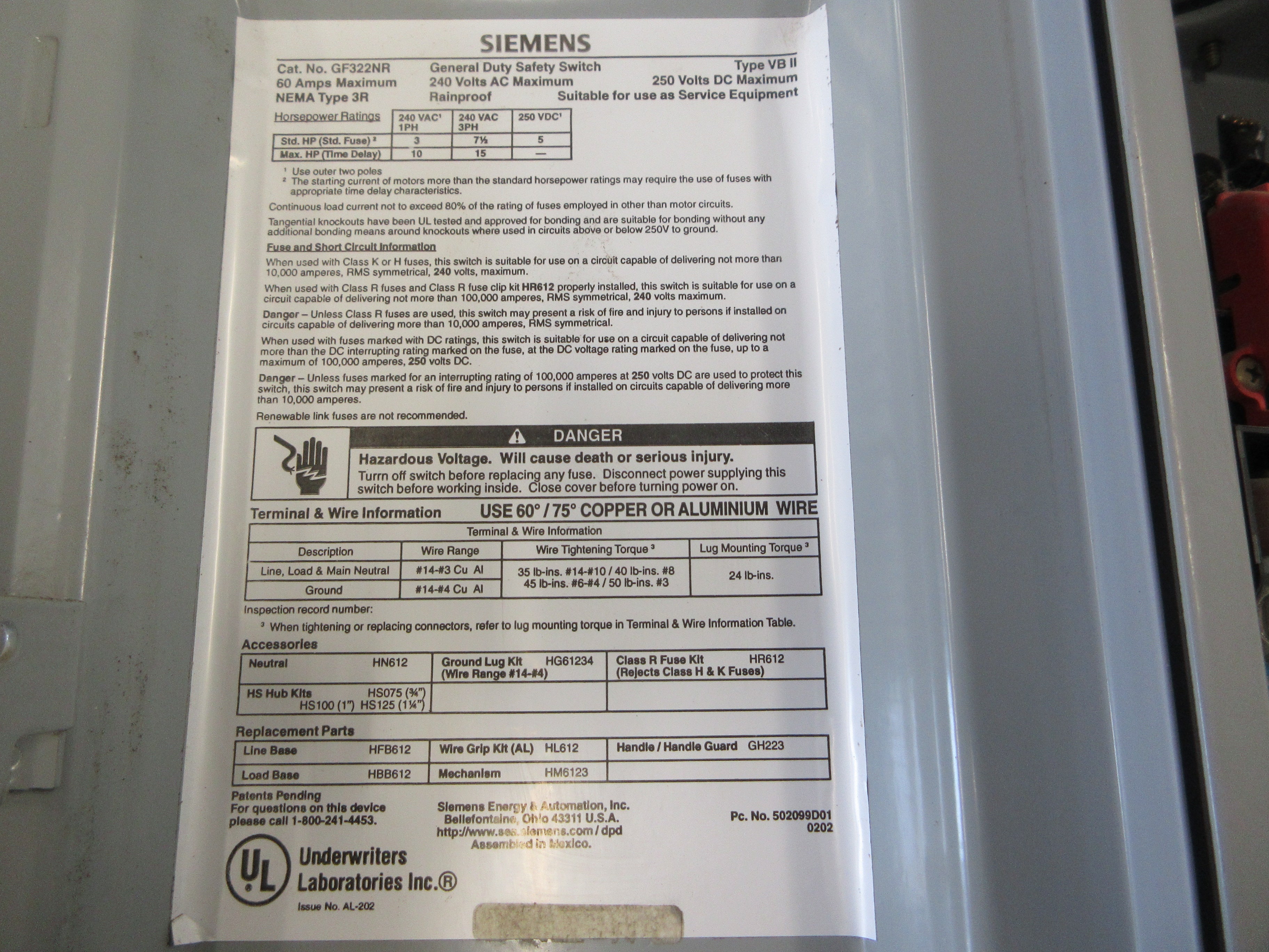 Siemens Fusible 3R Safety Switch/Disconnect GF322NR 60A 240V 3P Used