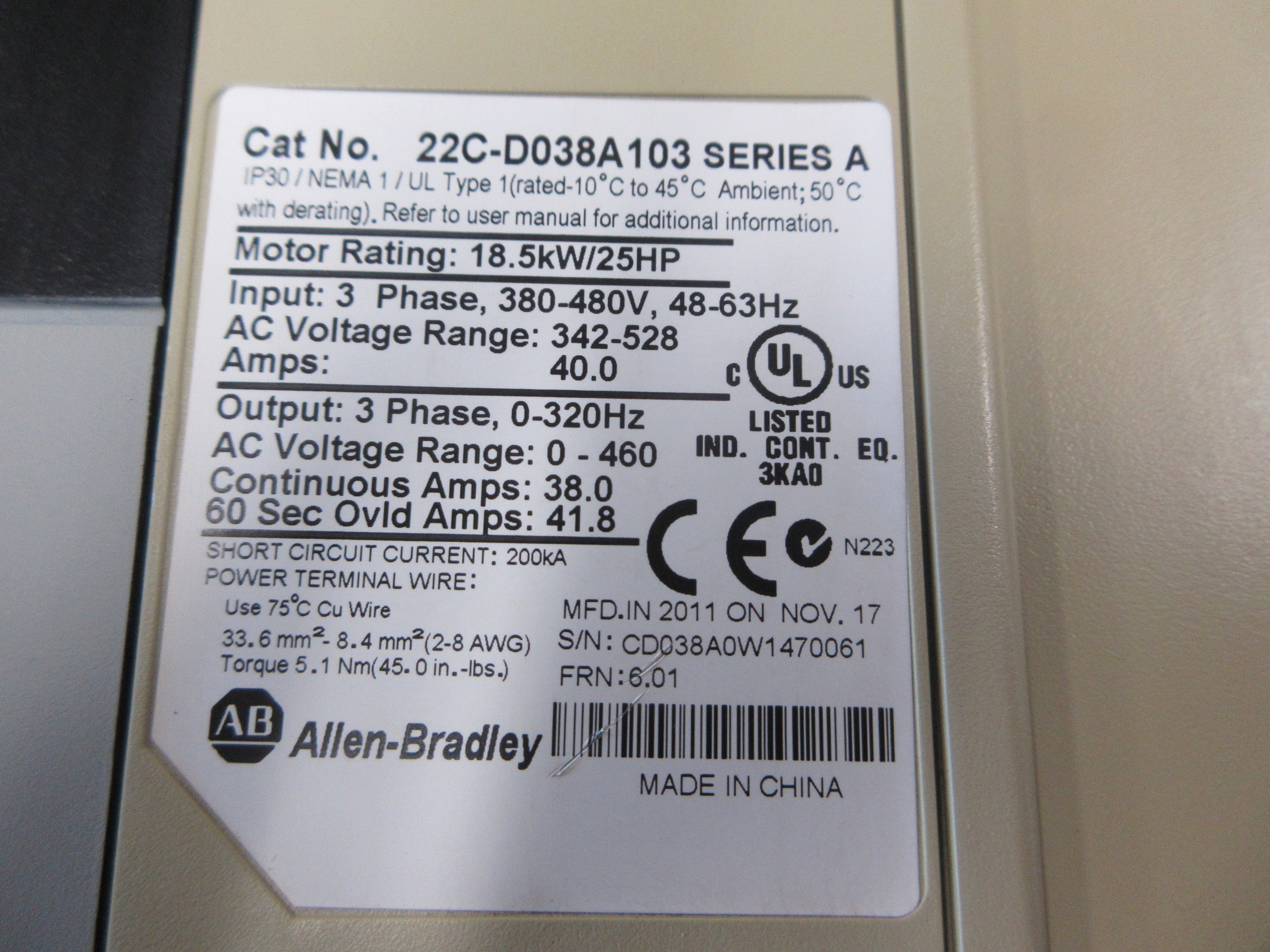 Allen-Bradley PowerFlex 400 AC Drive 22C-D038A103 Ser. A 25HP 3Ph Used