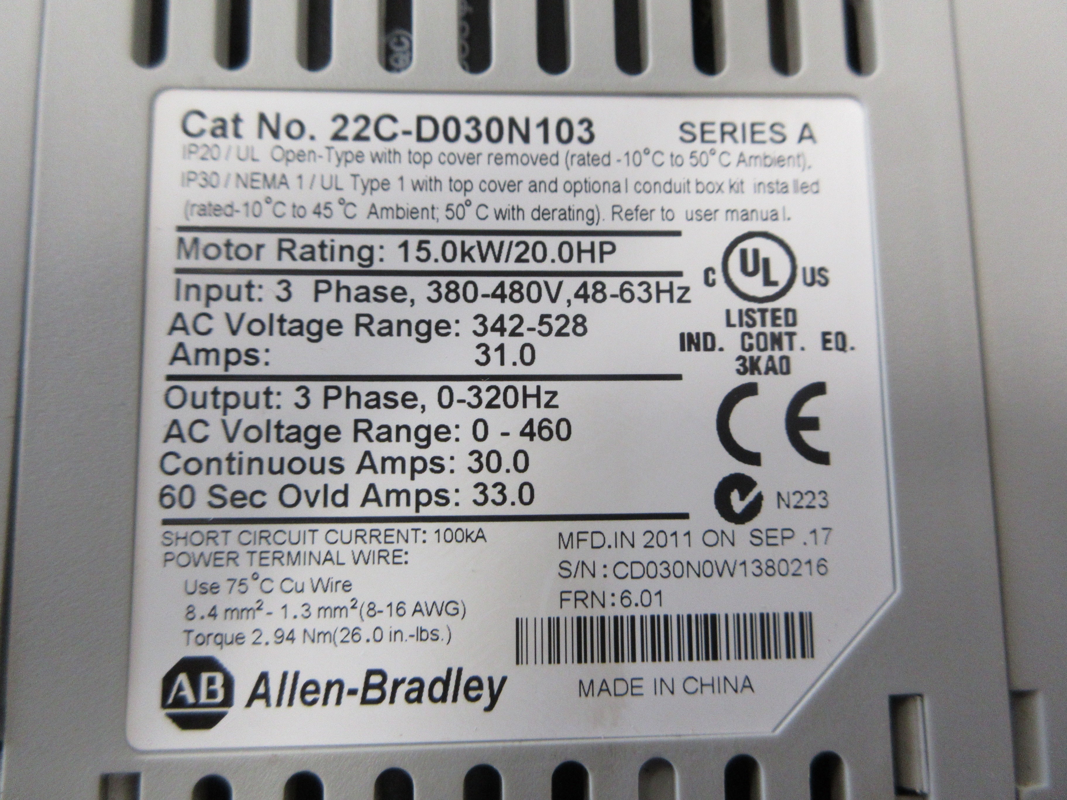 Allen-Bradley PowerFlex 400 AC Drive 22C-D030N103 Ser. A 20HP 3Ph Used