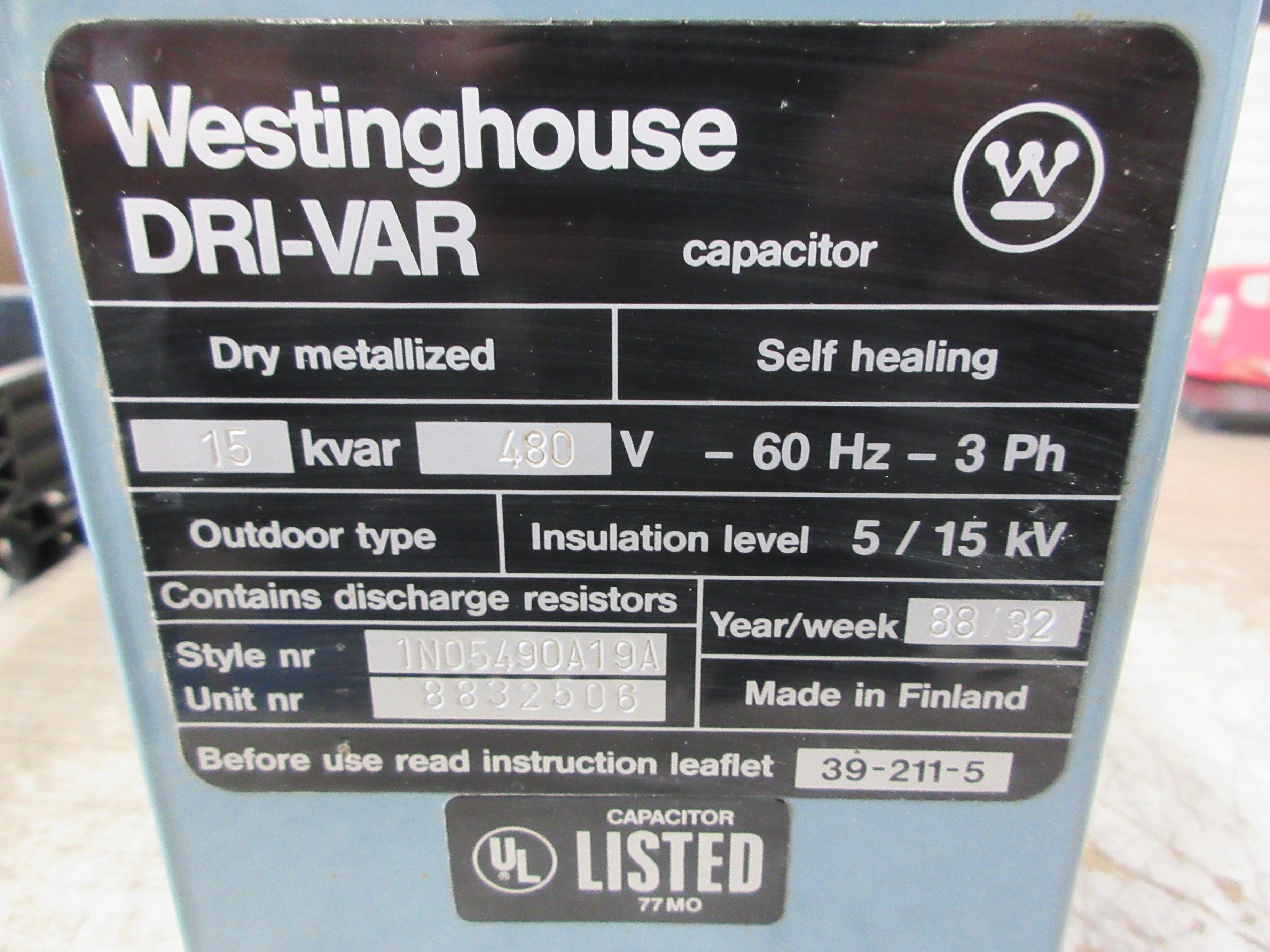 Westinghouse Dri-Var Capacitor 1N05490A19A 15 KVAR 480V 60Hz 3Ph Used