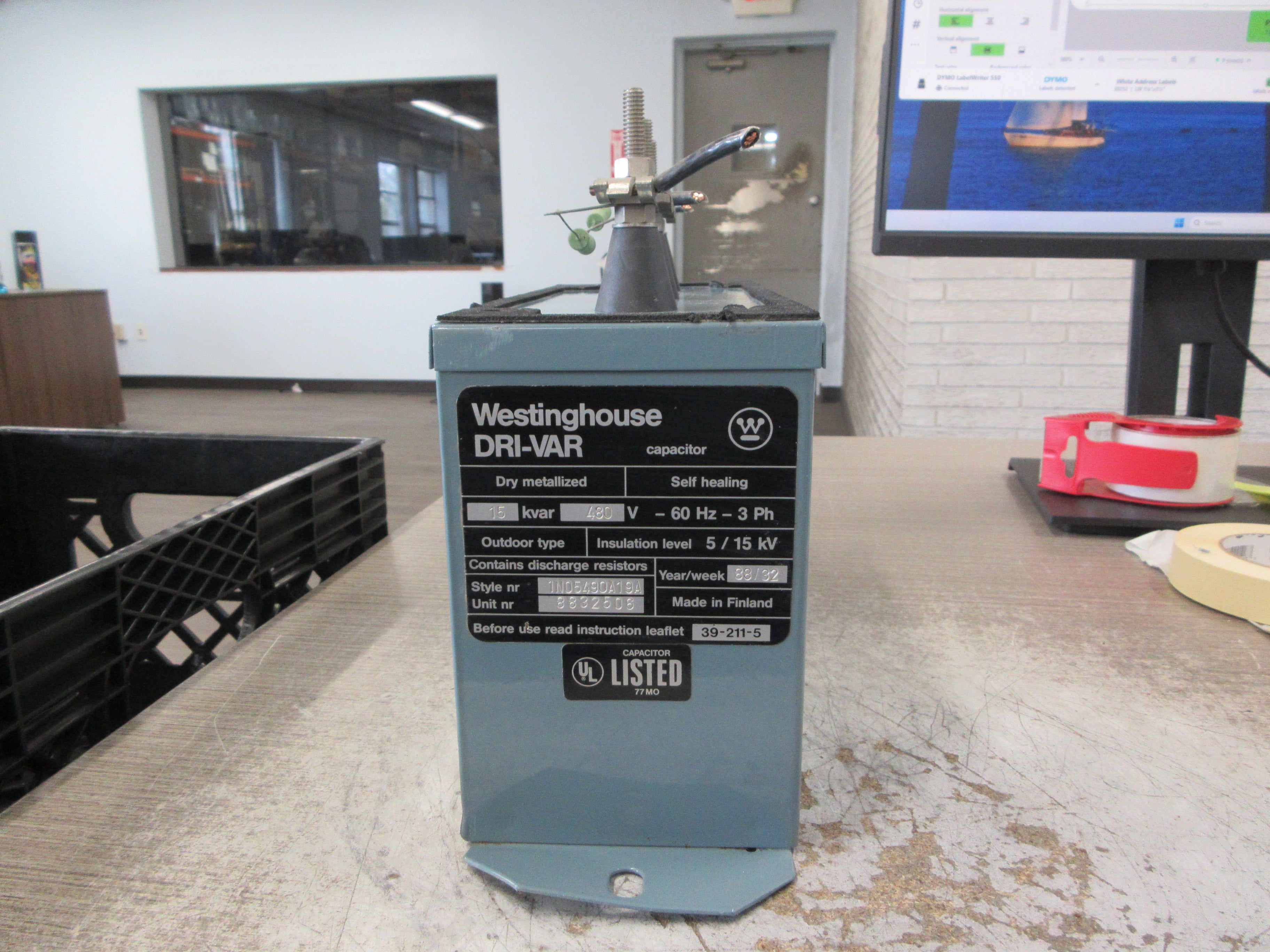 Westinghouse Dri-Var Capacitor 1N05490A19A 15 KVAR 480V 60Hz 3Ph Used