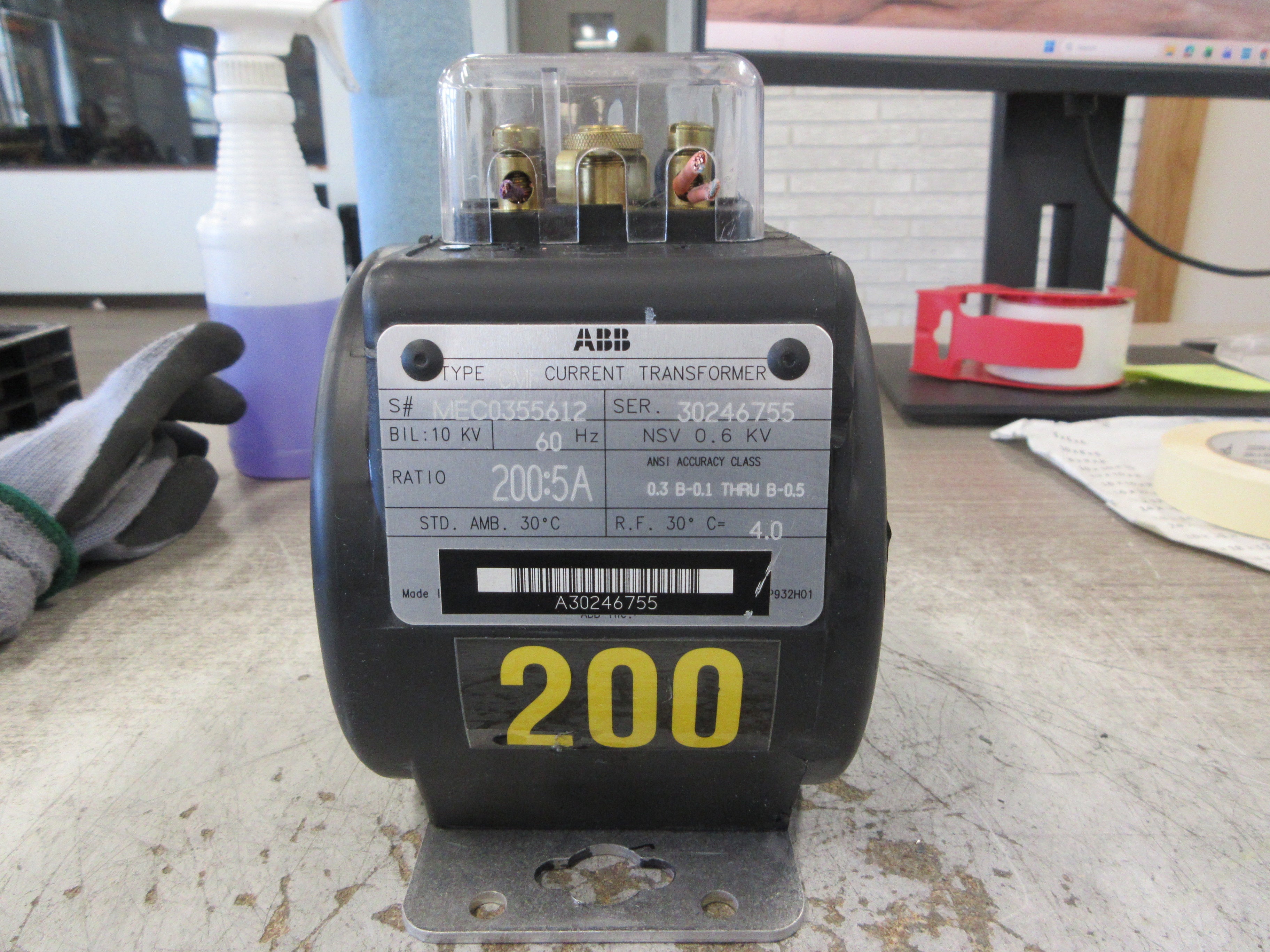 ABB Type CMF Current Transformer MEC0355612 Ratio 200:5A 600V 60Hz 10KV BIL Used