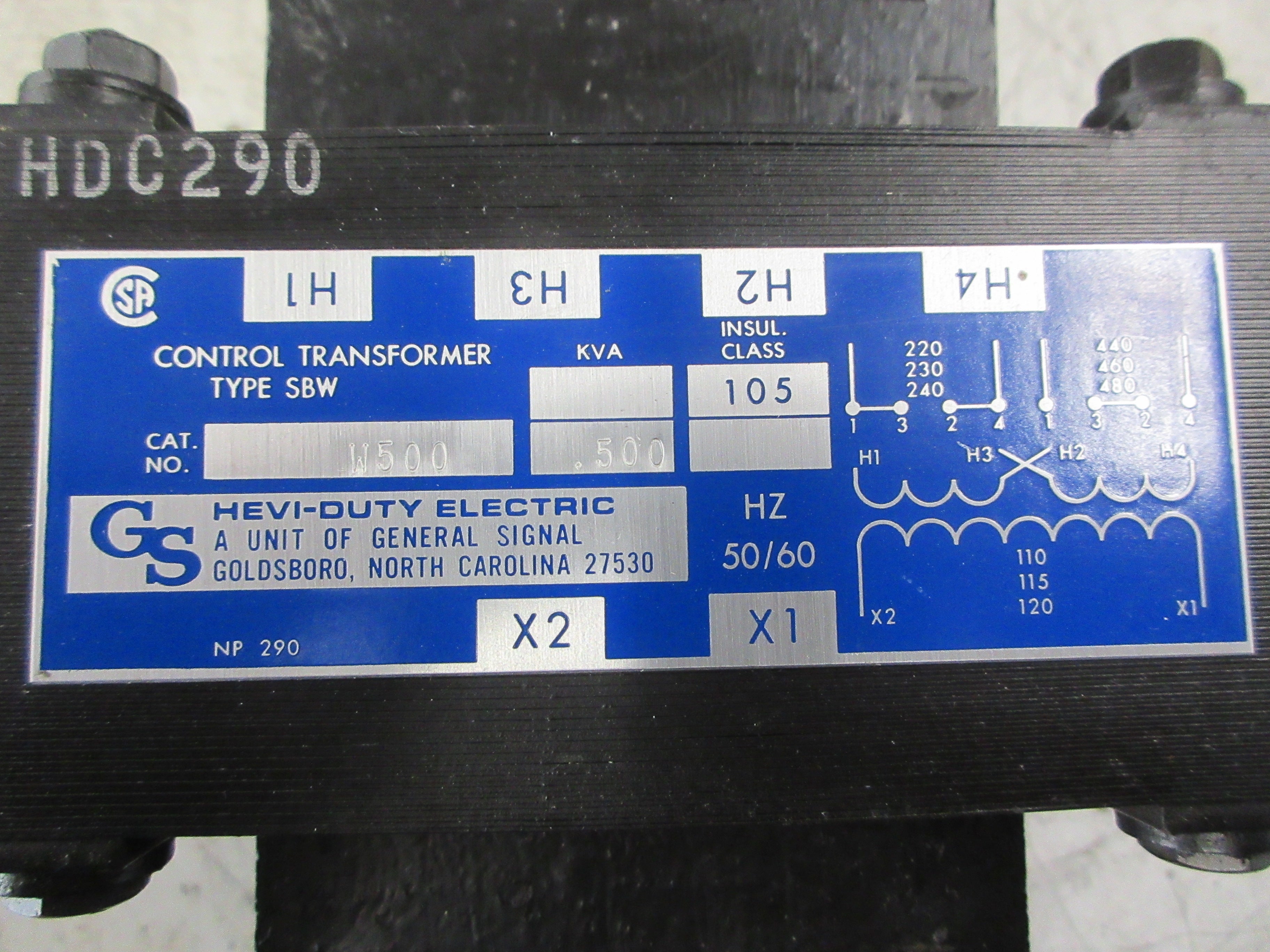 Hevi-Duty Type SBW Control Transformer W500 0.500KVA Pri: 240/480V Used