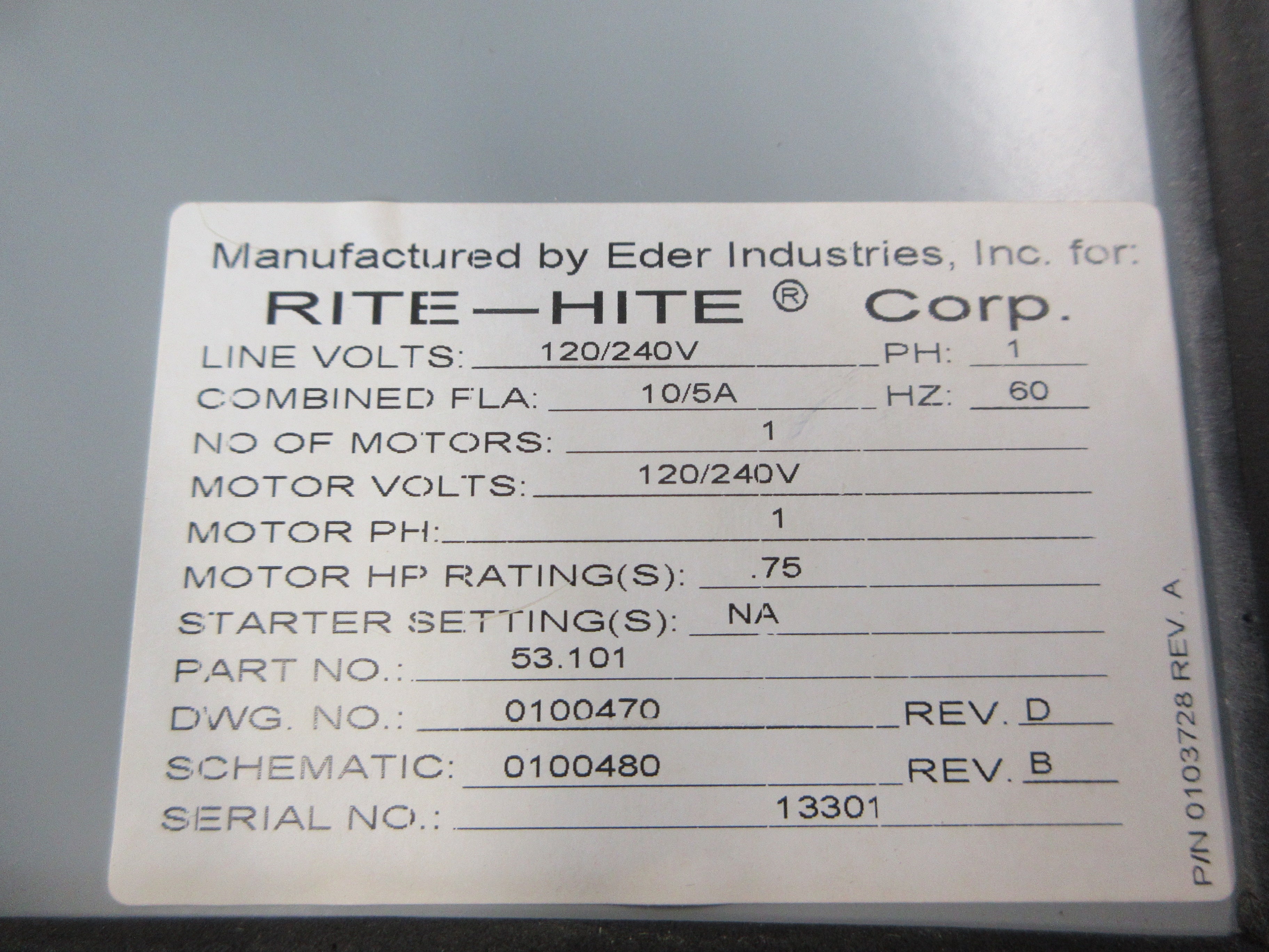 Rite-Hite Hydraulic Dock Leveler Control Box 53.101 120/240V 1Ph 60Hz 10/5A Used