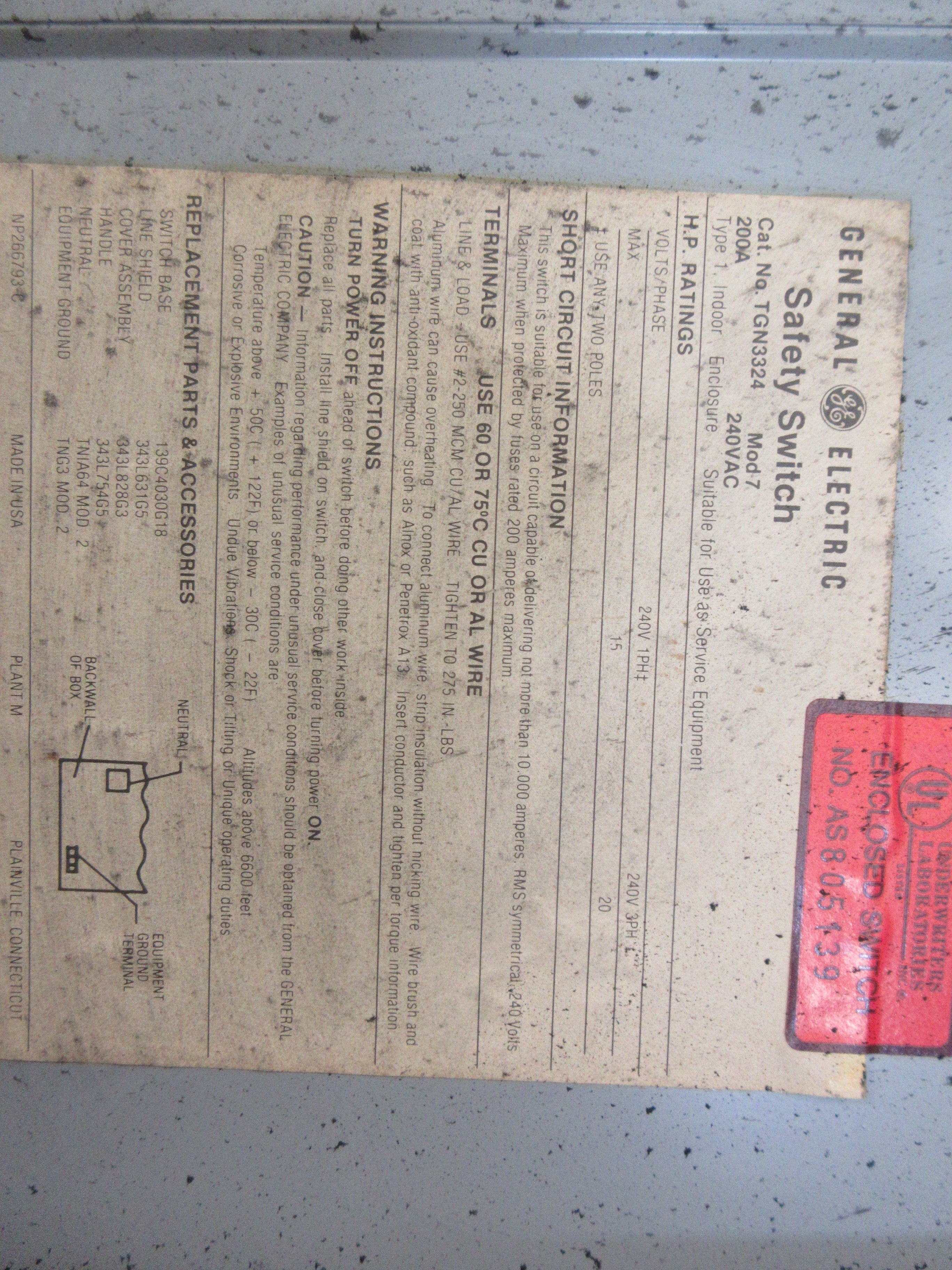 GE Non-Fusible Safety Switch/Disconnect TGN3324 Mod. 7 200A 240V 3P Used