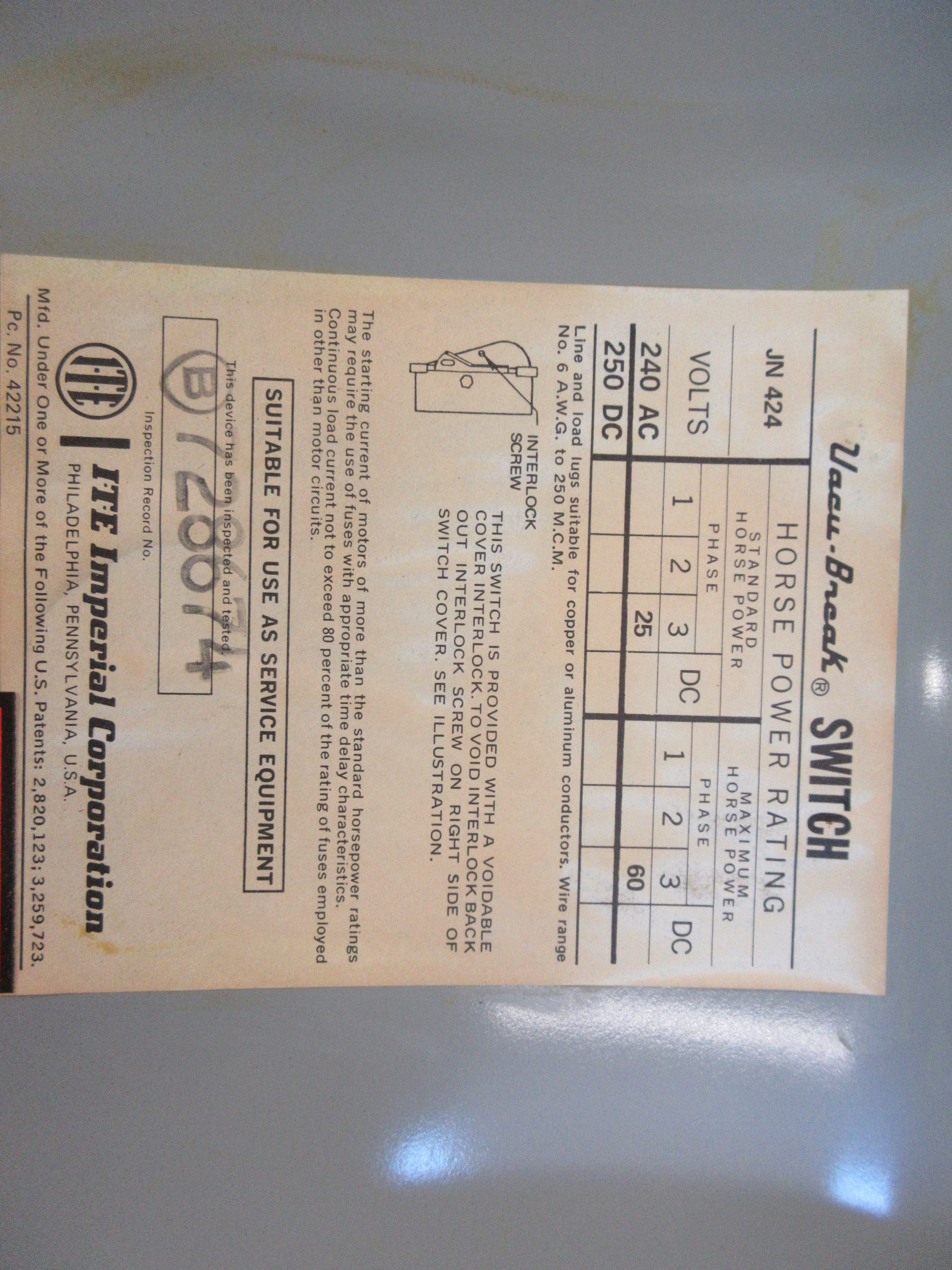 ITE Fusible Safety Switch/Disconnect JN424 200A 240V 3P Used