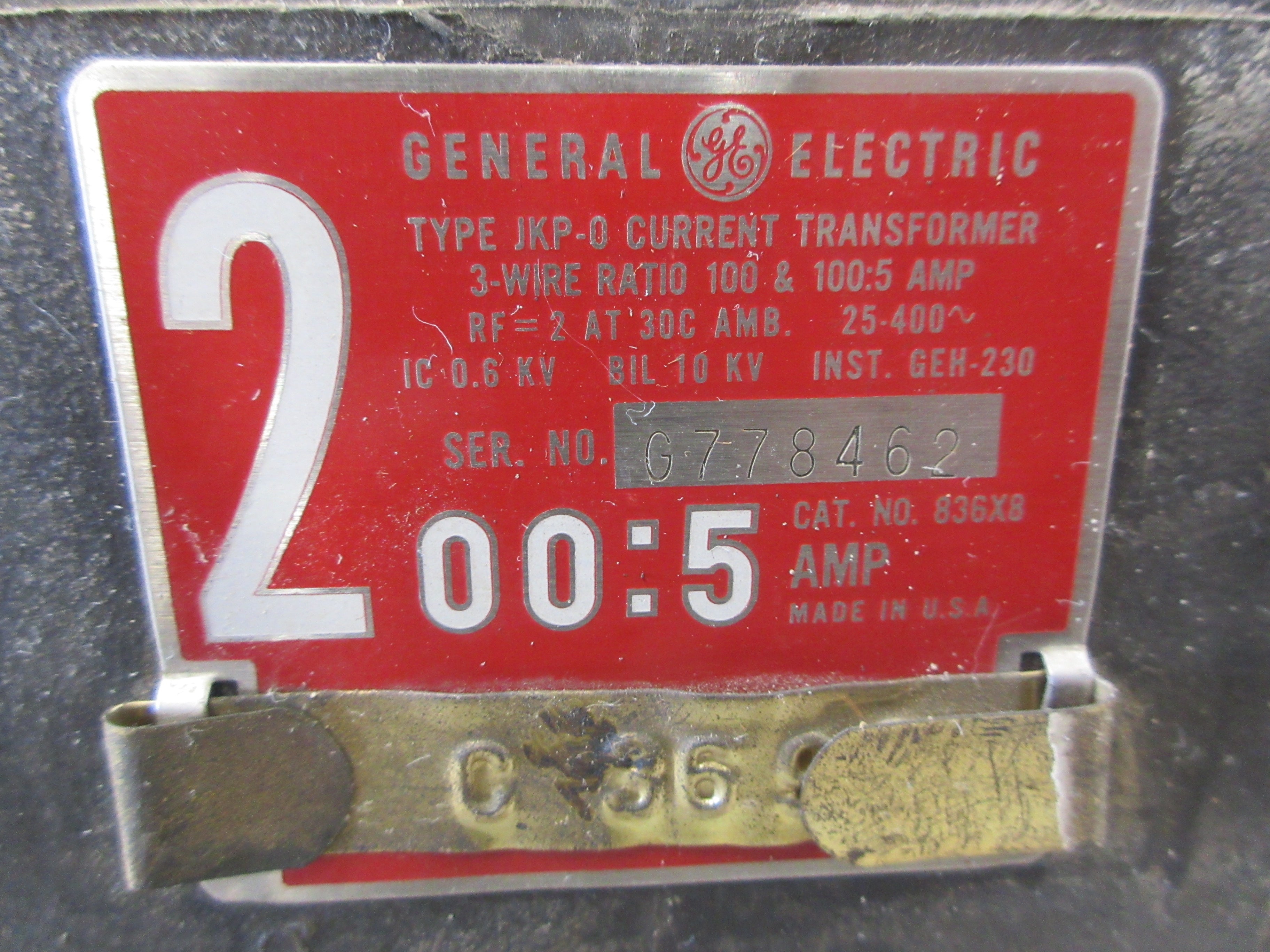GE Type JKP-0 Current Transformer 836X8 Ratio 200:5A 600V 25-400Hz Used