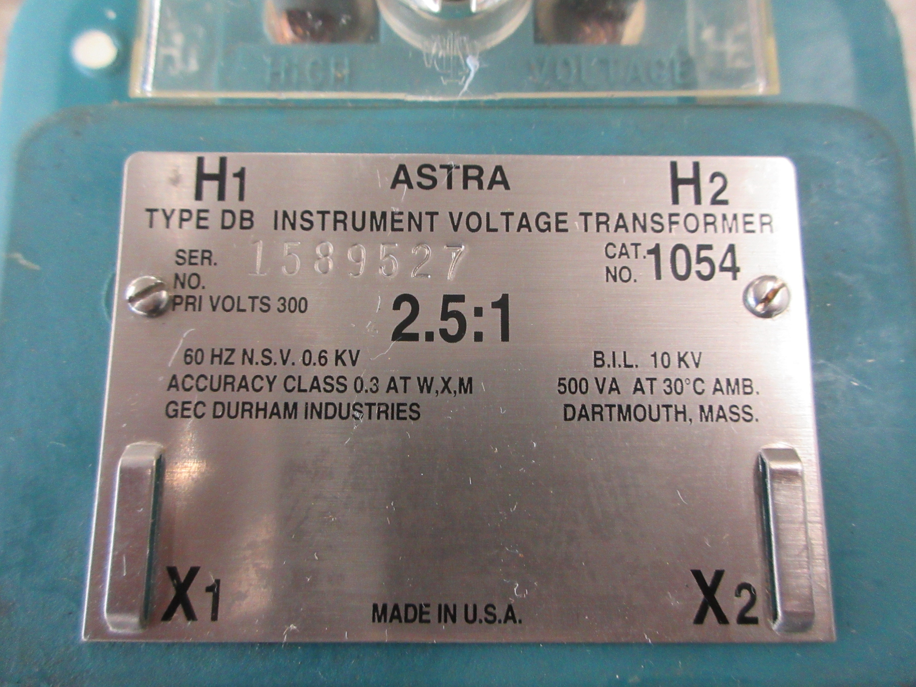 Astra Type BD Voltage Transformer 1054 Pri: 300V Ratio 2.5:1 60Hz 500VA Used