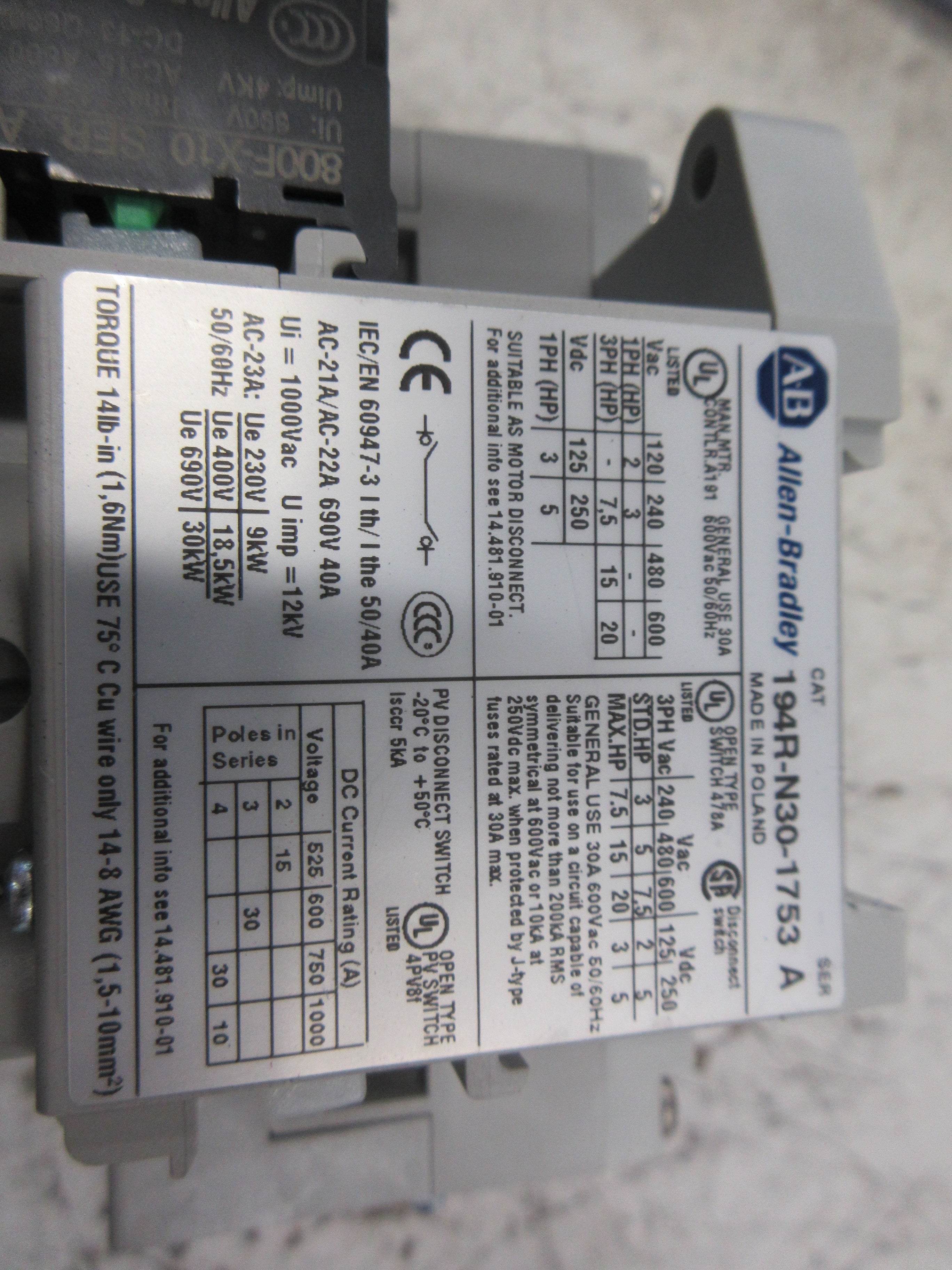 Allen-Bradley Non-Fusible Disconnect Switch 194R-N30-1753 Ser. A 30A 600V Used