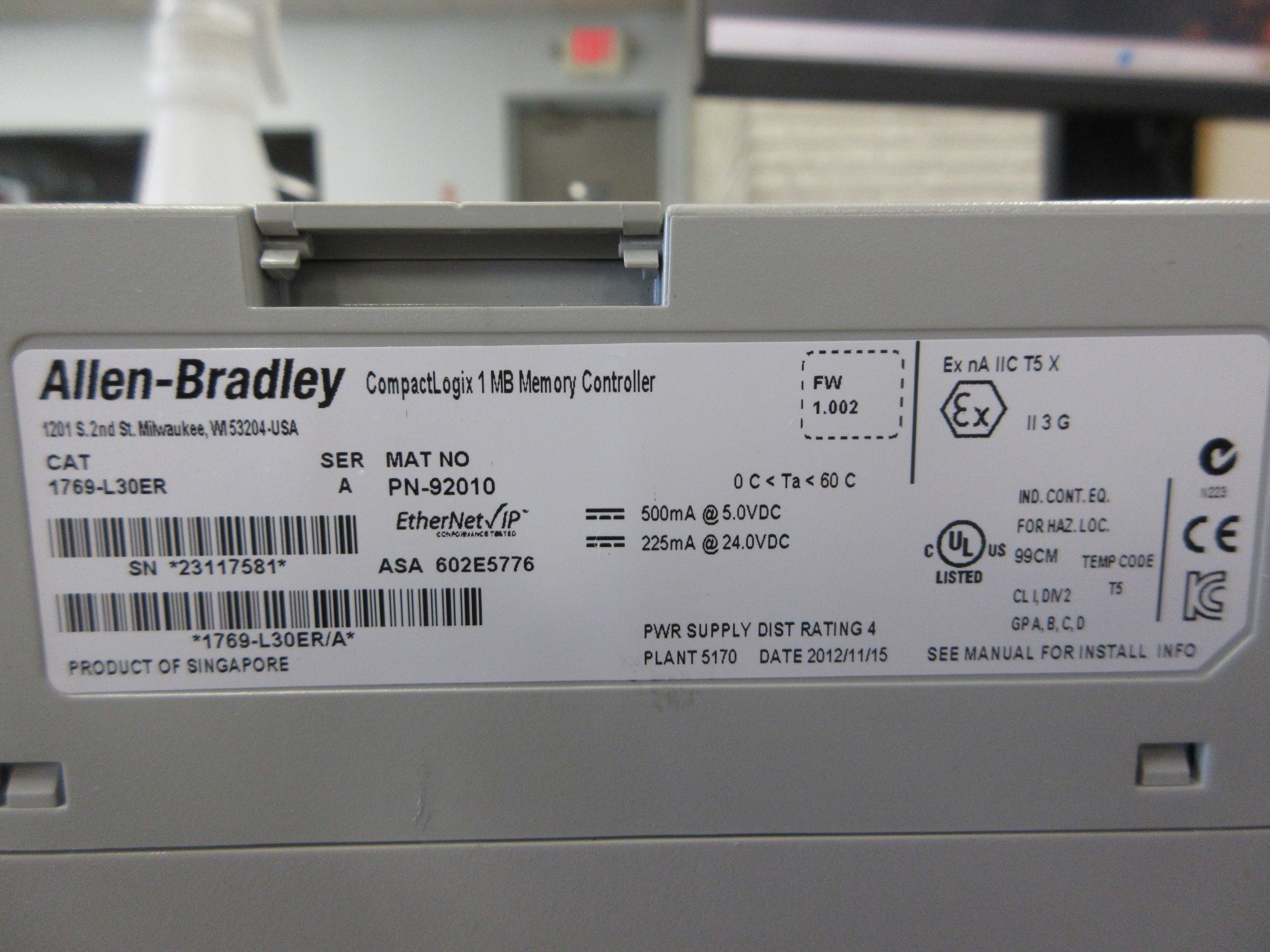 Allen-Bradley CompactLogix Controller 1769-L30ER Ser. A FW: 1.002 Used
