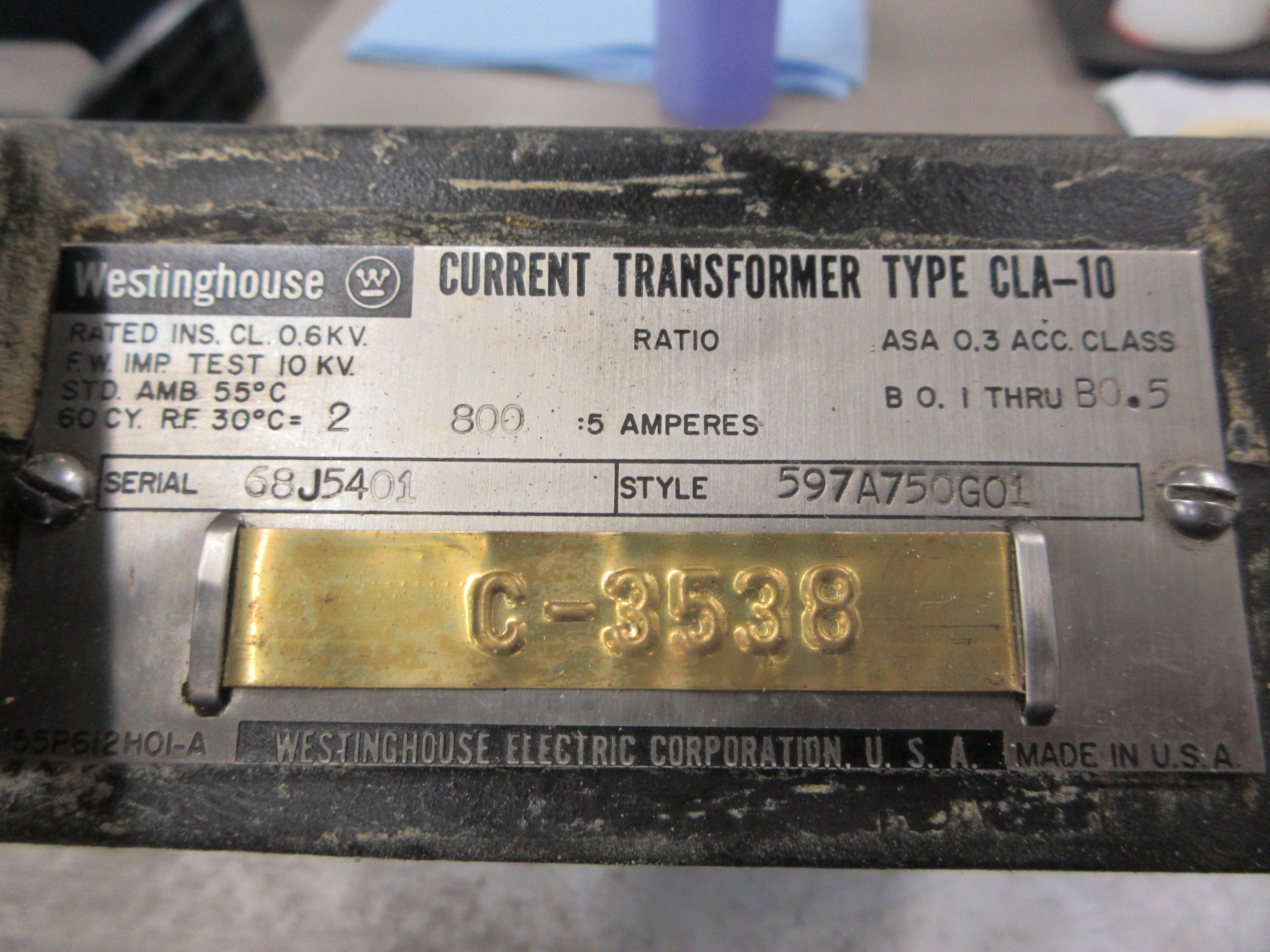 Westinghouse Type CLA-10 Current Transformer 597A750G01 Ratio 800:5A 600V Used