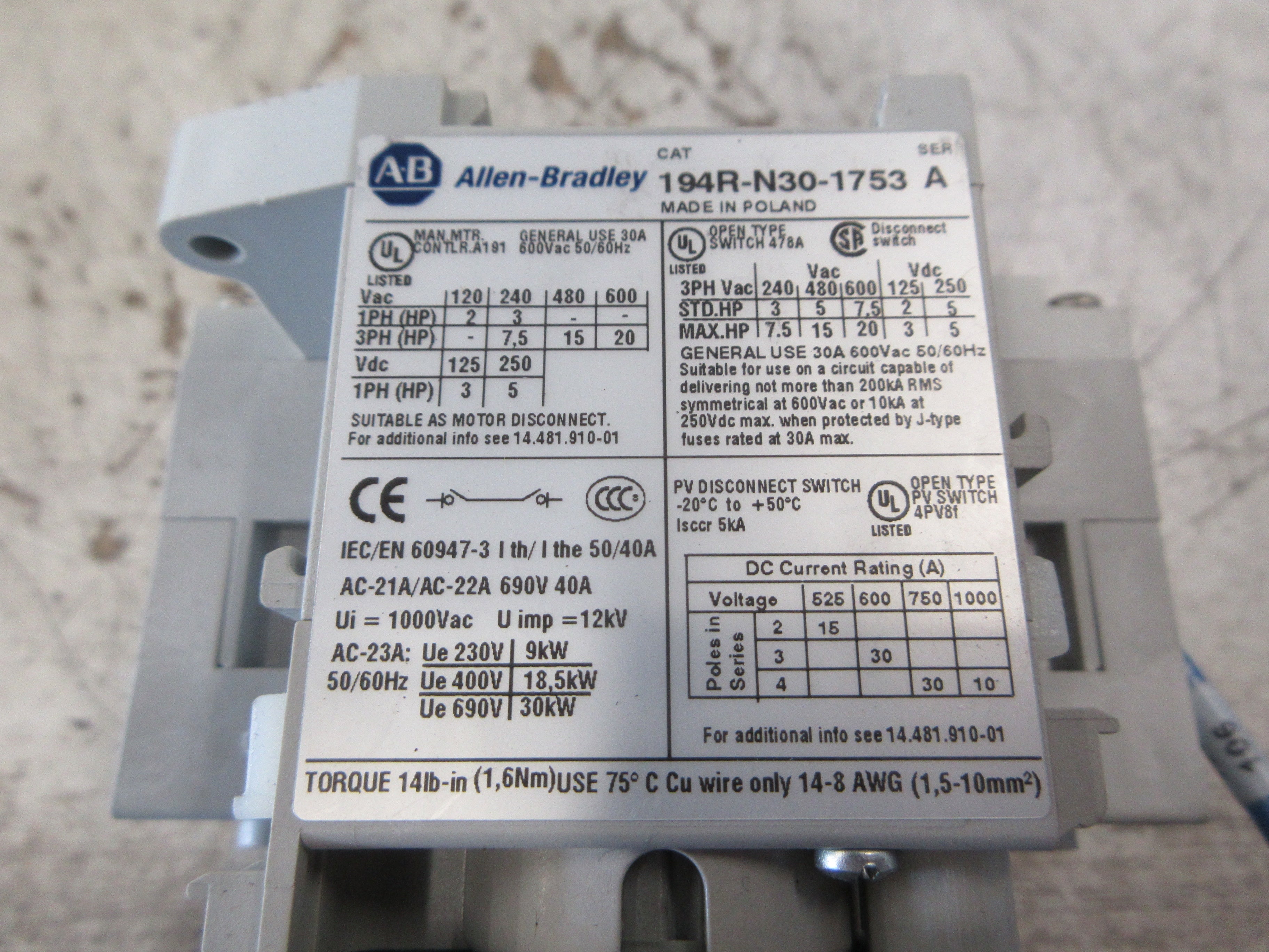Allen-Bradley Non-Fusible Disconnect Switch 194R-N30-1753 Ser. A 30A 600V Used