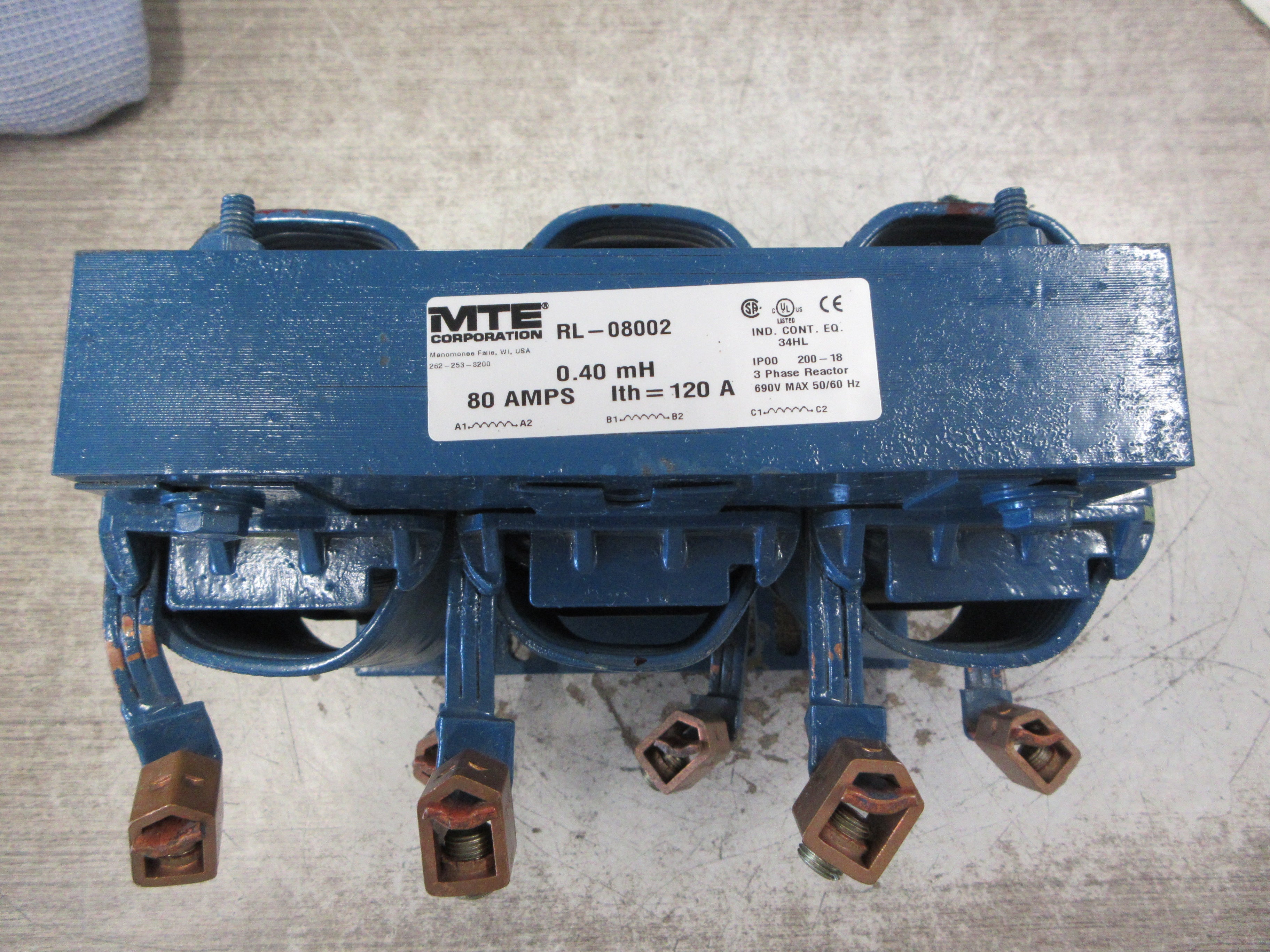 MTE 3Ph Line Reactor RL-08002 0.40mH 80A 690V 50/60Hz Used