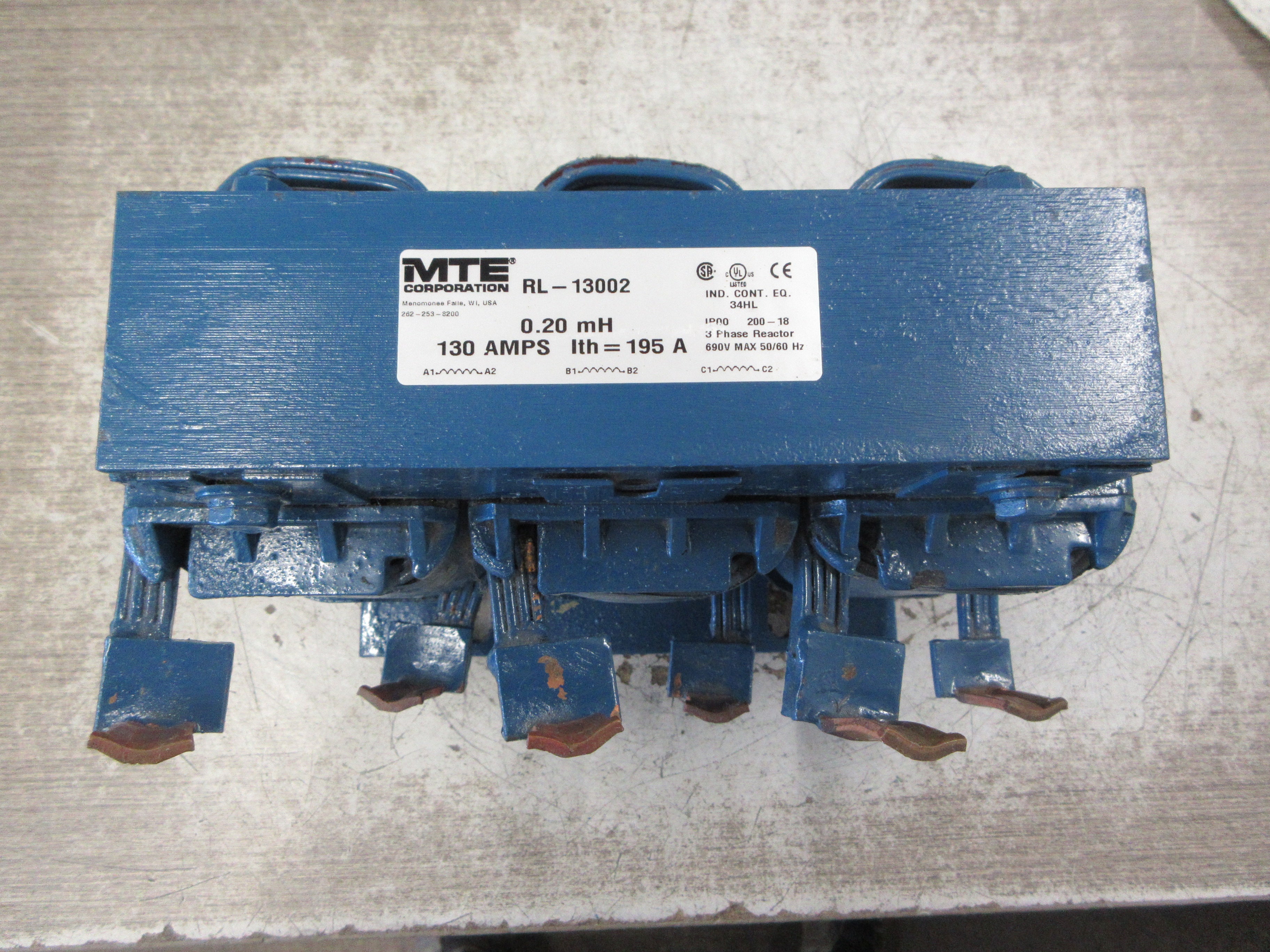 MTE 3Ph Line Reactor RL-13002 0.20mH 130A 690V 50/60Hz *No Lugs* Used