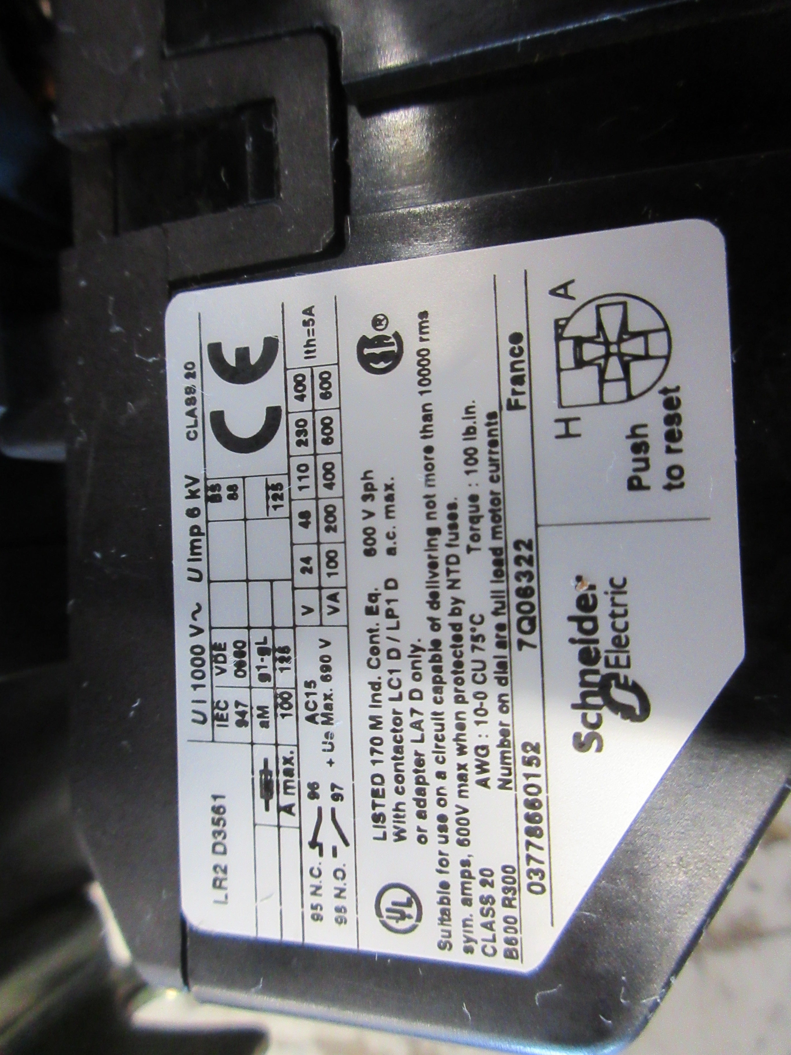 Telemecanique Reversing Starter LC1D8011 / LR2D3561 120V Coil Trip: 55-70A Used