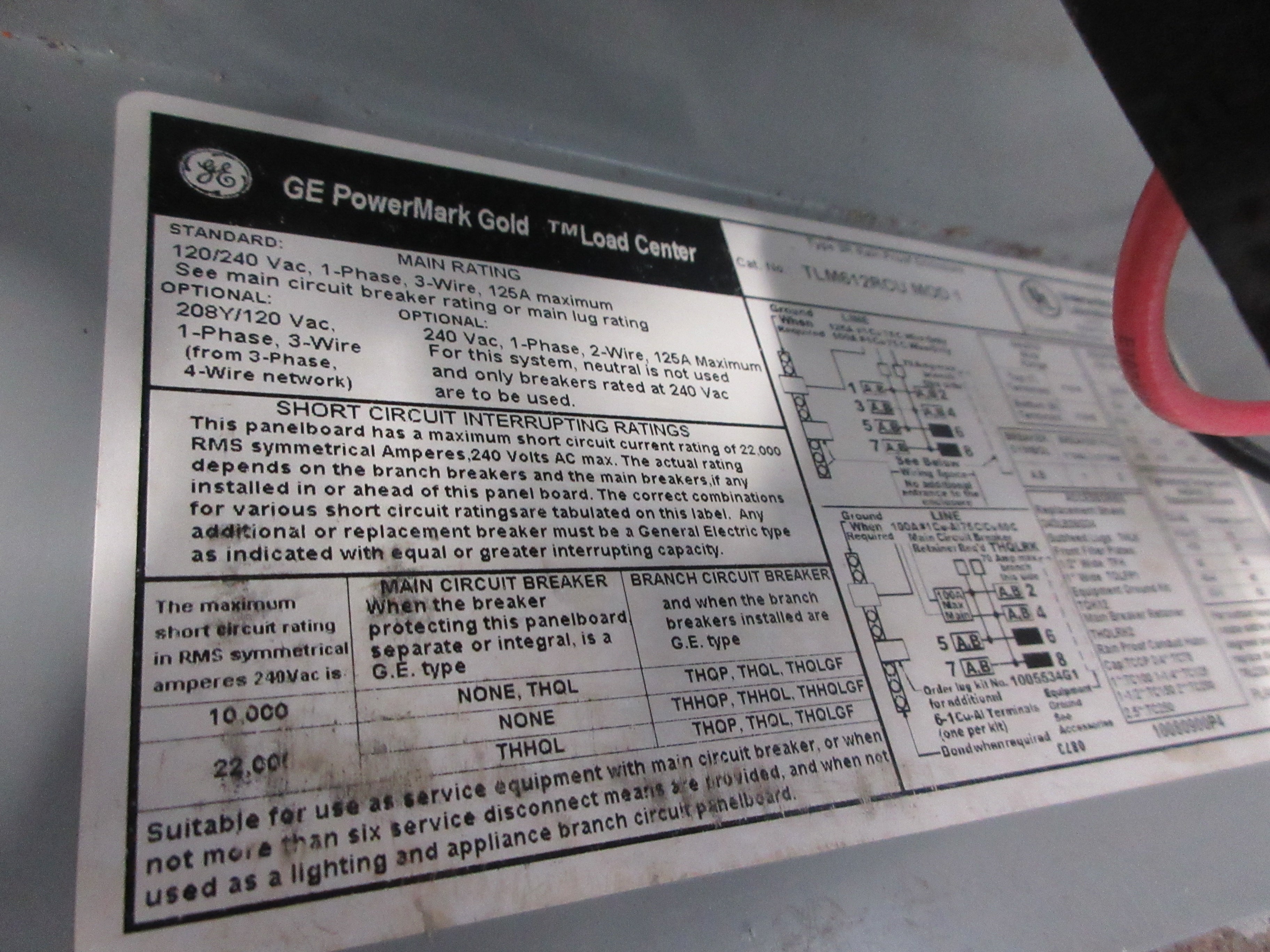 GE Main Lug Circuit Breaker Panel TLM612RCU 120/240VAC 125A Max 1Ph 3W Used