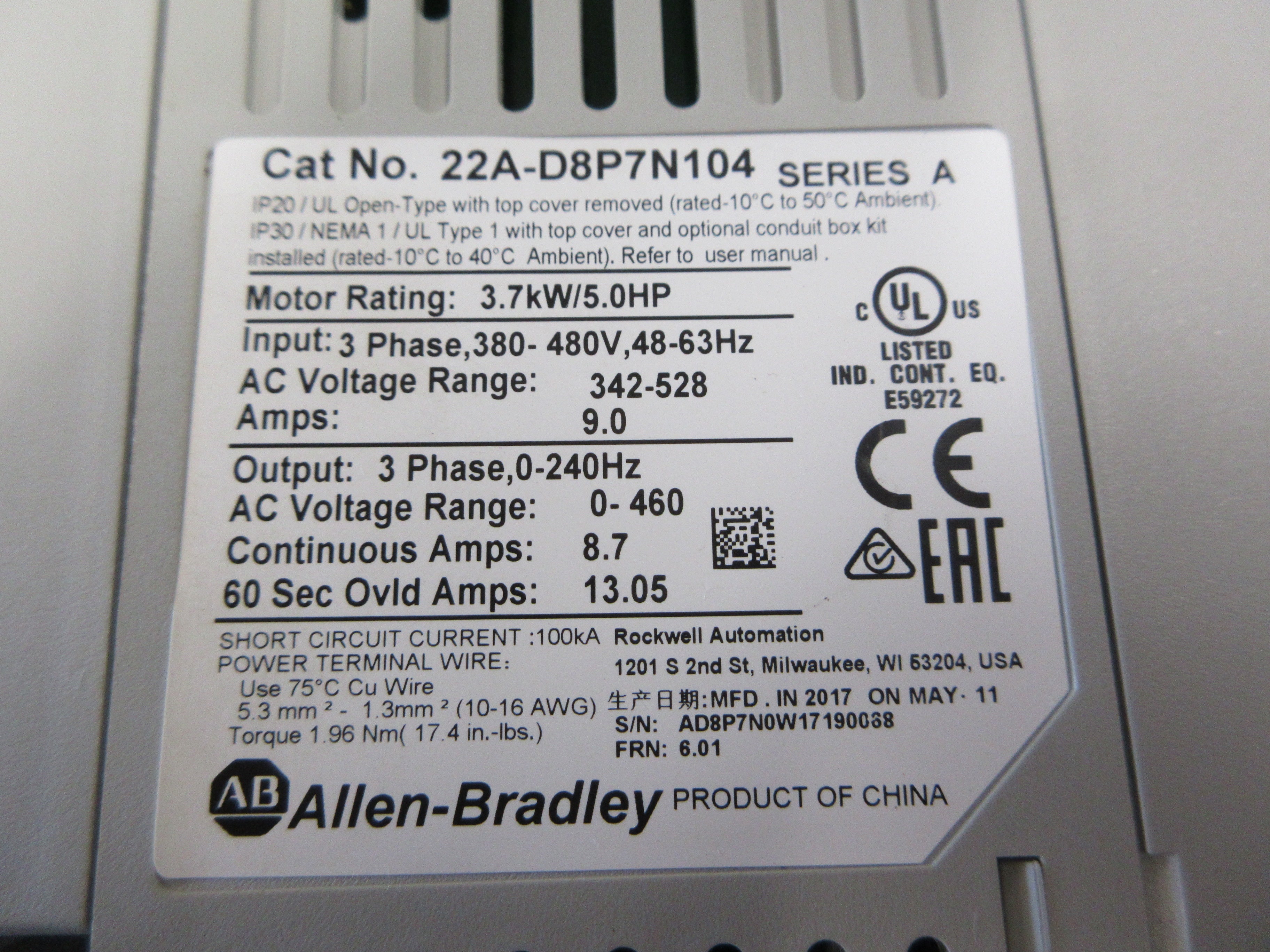 Allen-Bradley PowerFlex 4 AC Drive 22A-D8P7N104 Ser. A F/W: 6.01 5HP 3Ph Used