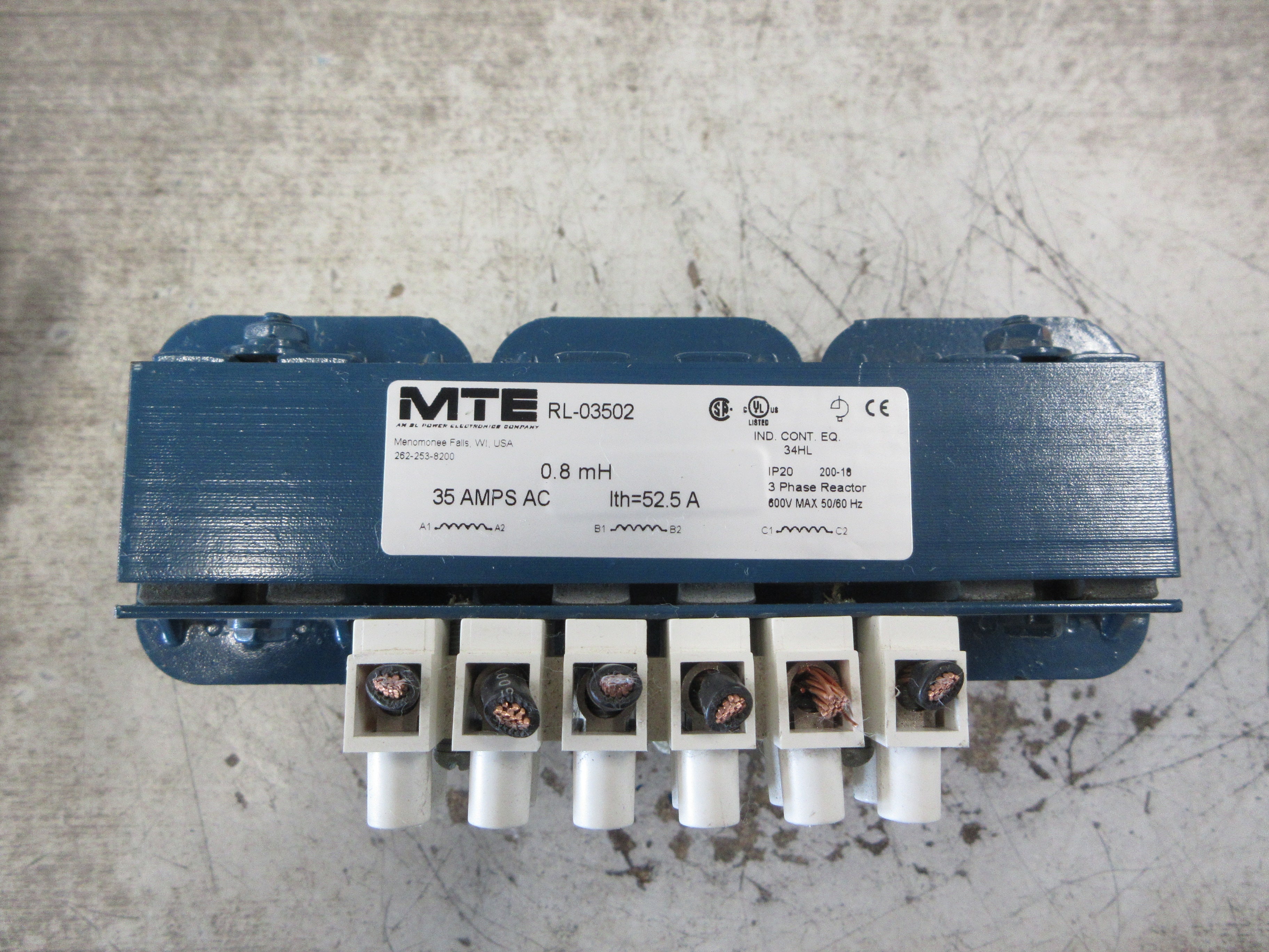MTE 3Ph Line Reactor RL-03502 35A 0.8mH 600V 50/60Hz Used