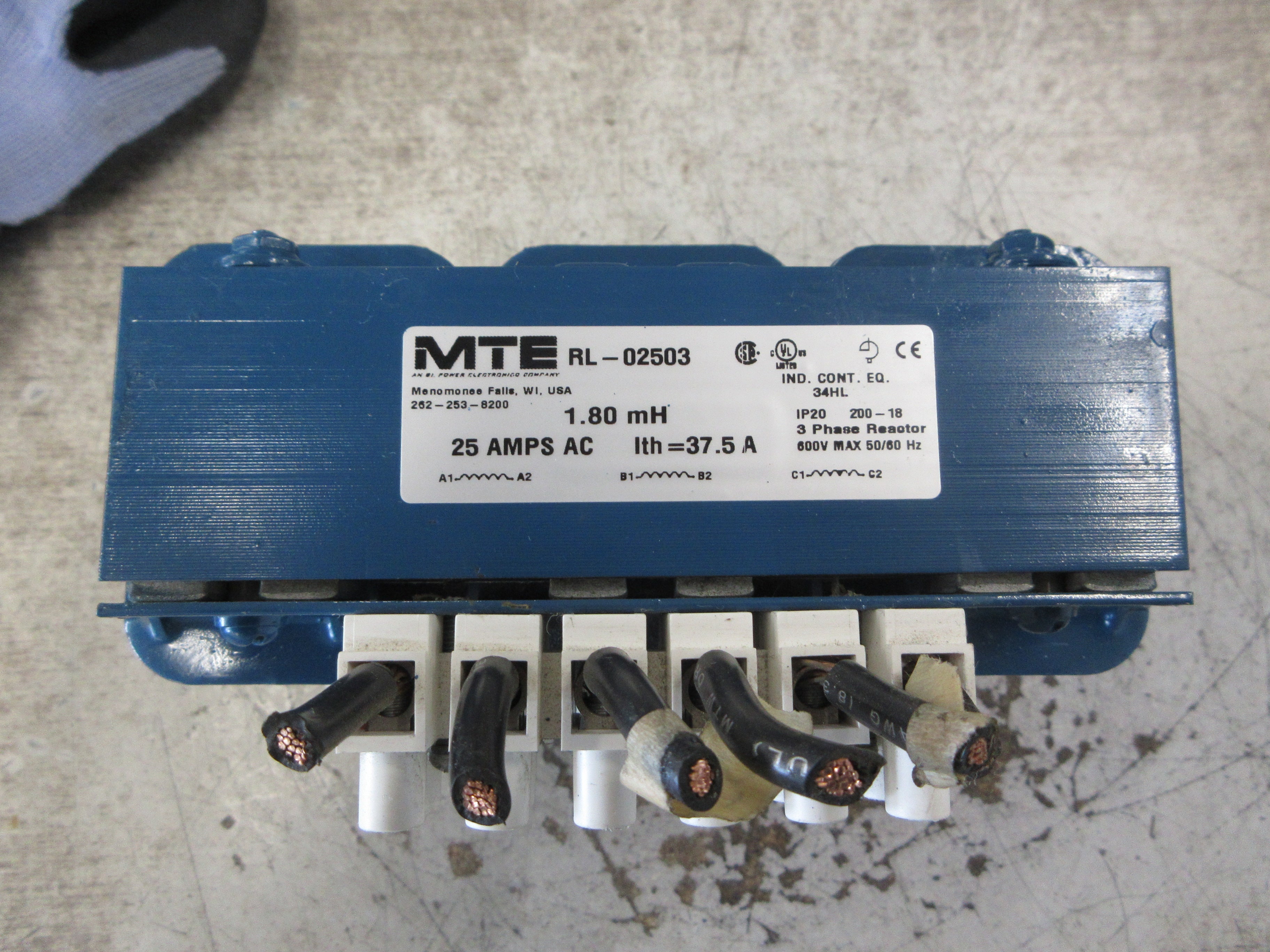 MTE 3Ph Line Reactor RL-02503 25A 1.80mH 600V 50/60Hz Used