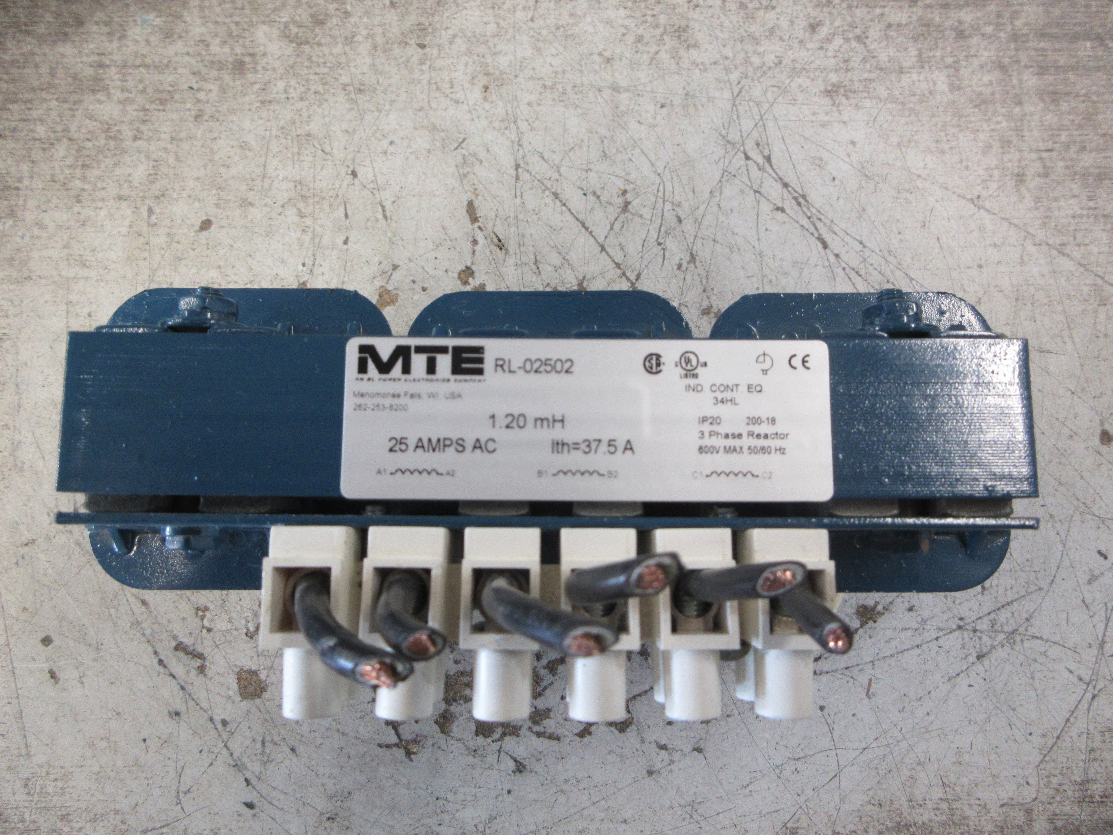 MTE 3Ph Line Reactor RL-02502 25A 1.20mH 600V 50/60Hz Used