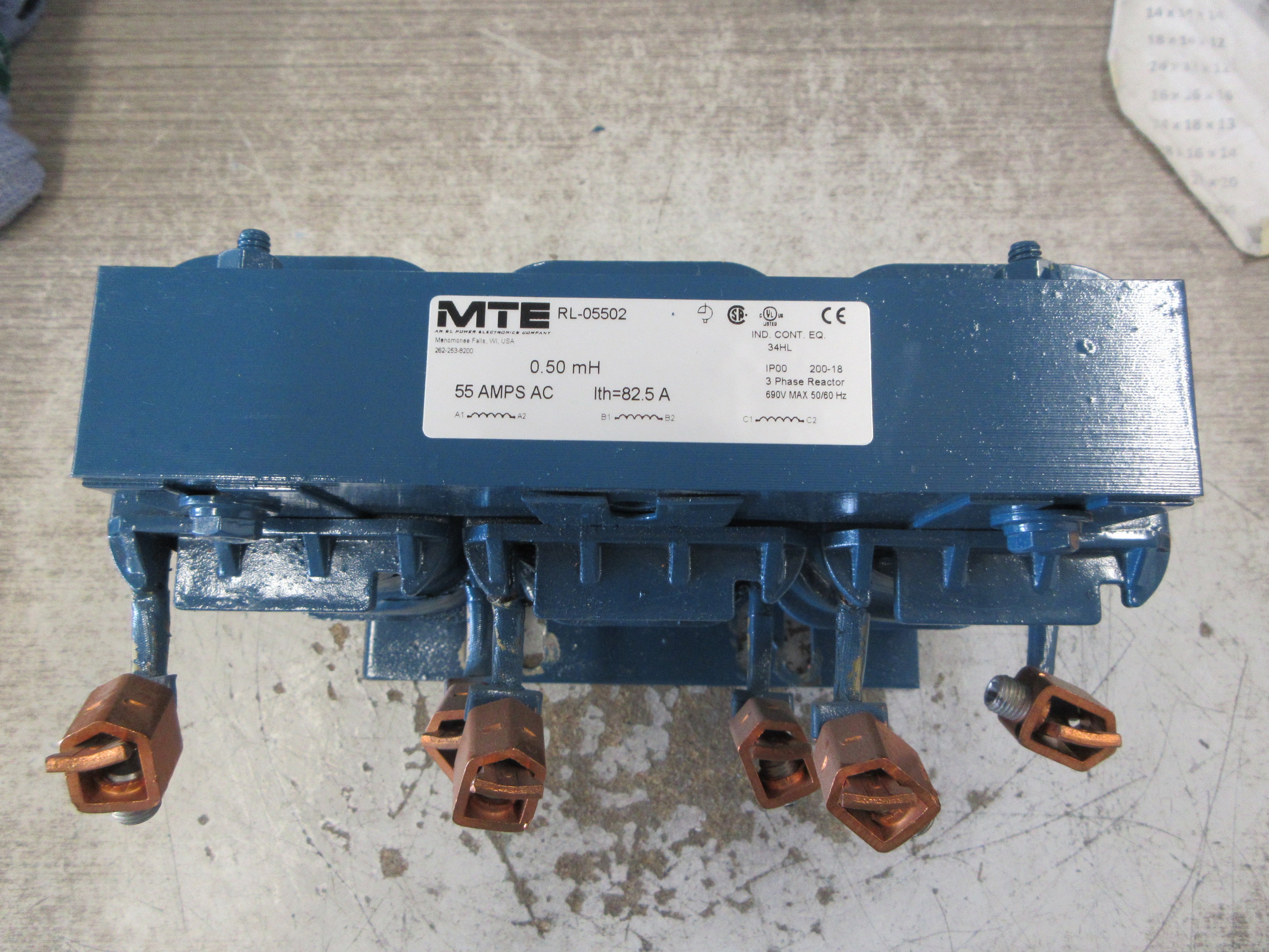 MTE 3Ph Line Reactor RL-05502 55A 0.50mH 690V 50/60Hz Used
