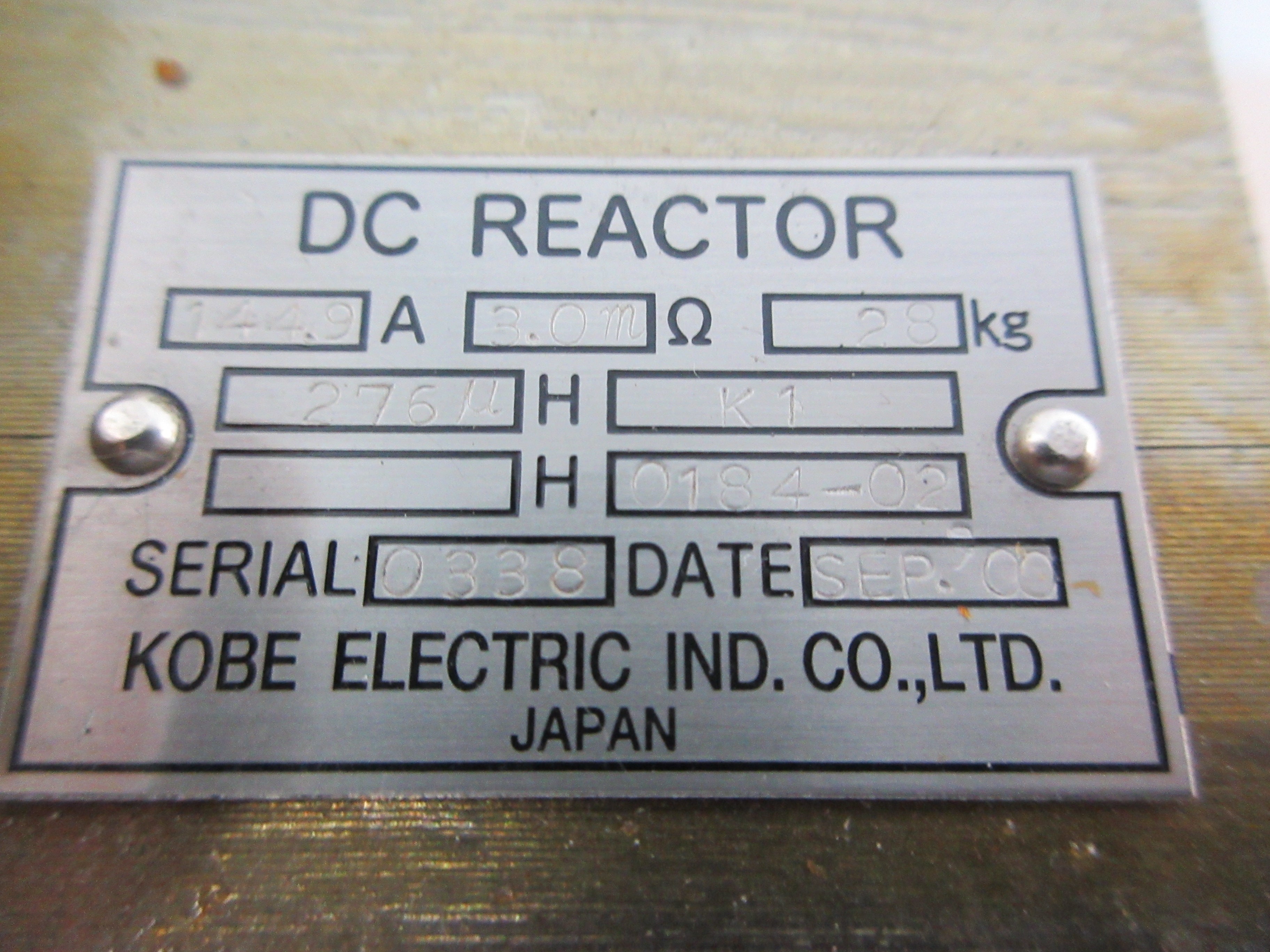 Kobe Electric DC Line Reactor 0184-02 144.9A 3.0m ohms 276uH Used