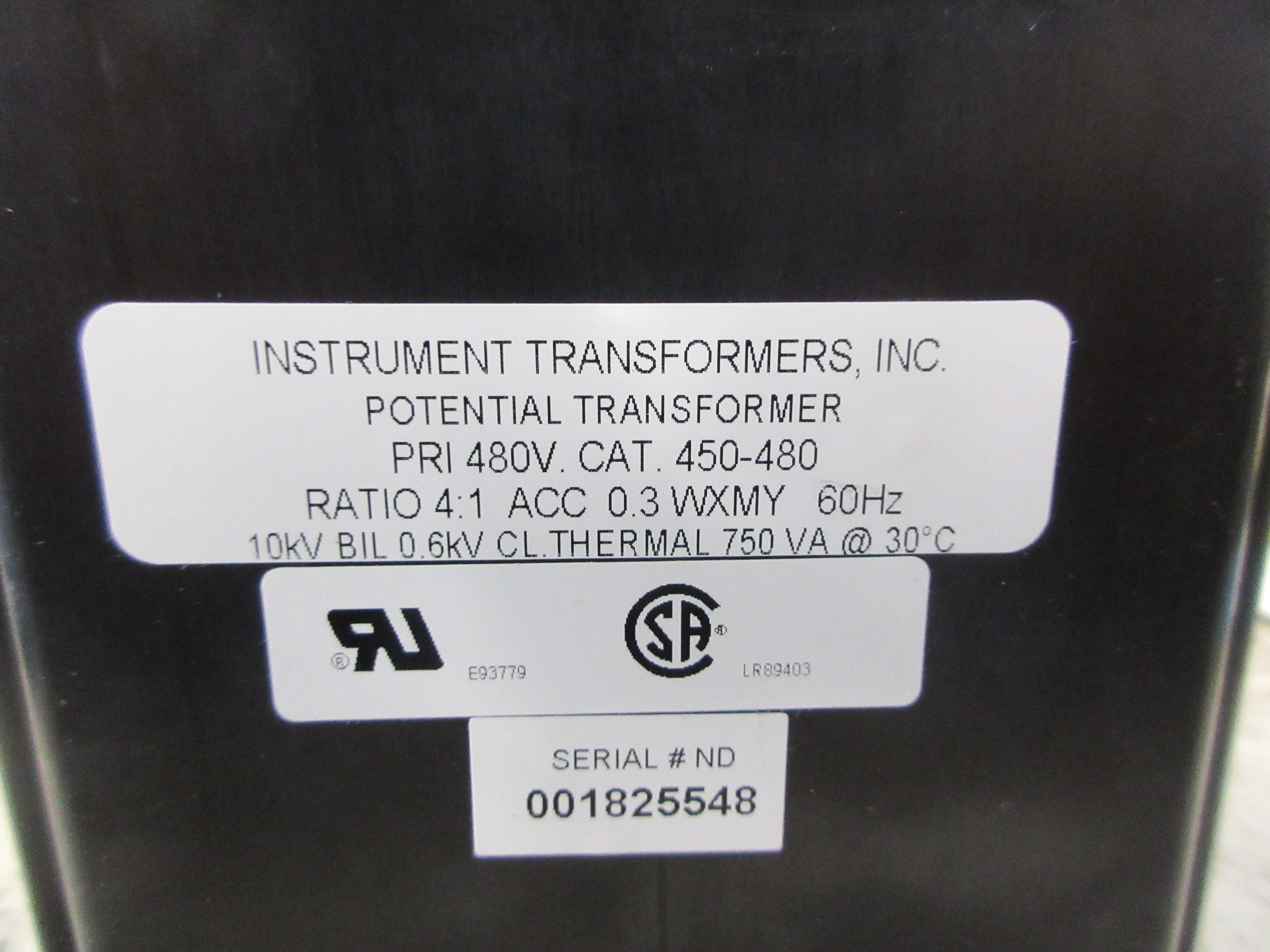 Instrument Transformers Potential Transformer 450-480 10KV BIL Pri: 480V Used