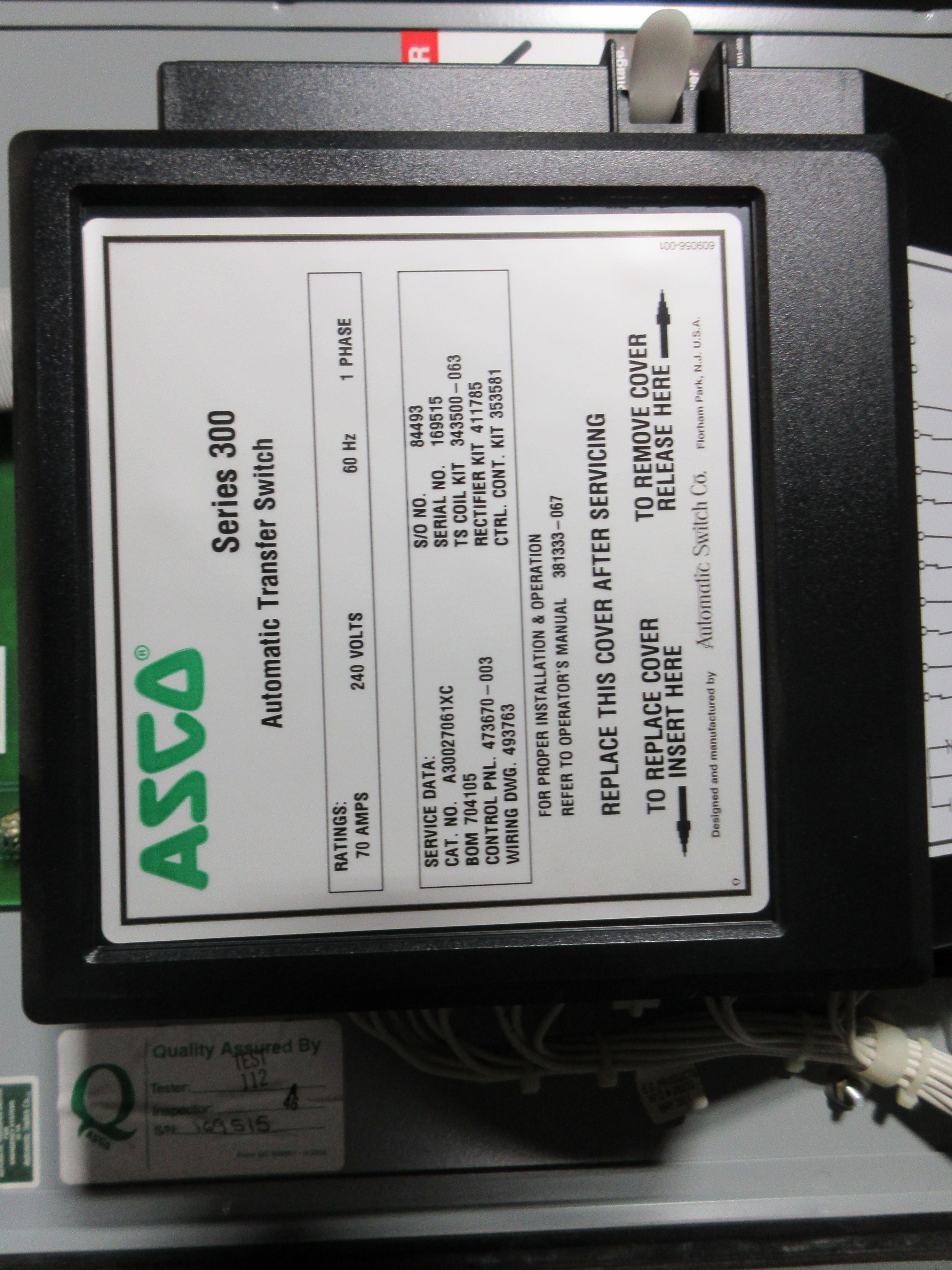 Asco Series 300 3R Automatic Transfer Switch A30027061XC 70A 240V 60Hz 1Ph Used