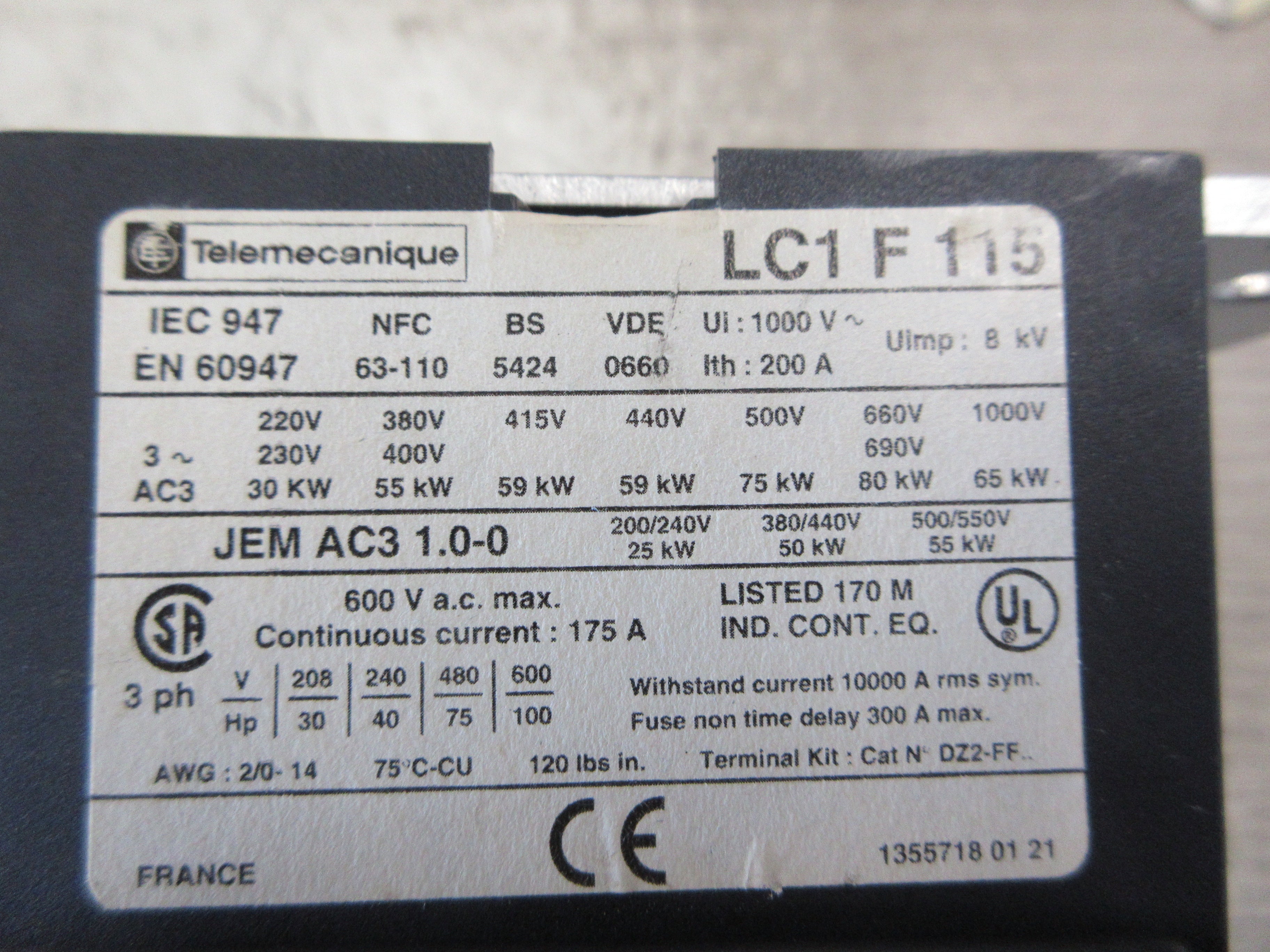 Telemecanique Contactor LC1F115 115-120V Coil w/ Aux Contact Block Used