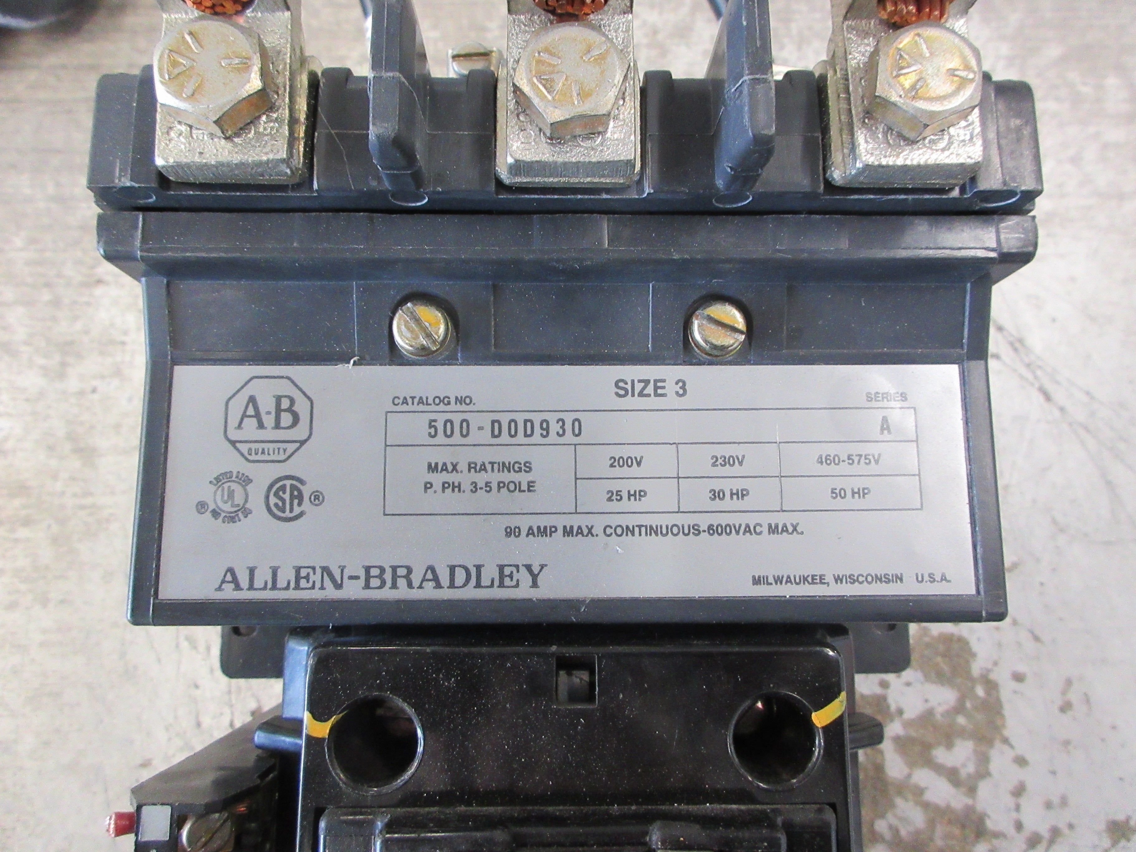 Allen-Bradley Size 3 Starter 500-DOD930 Ser. A 115-120V Coil 90A 600V Used