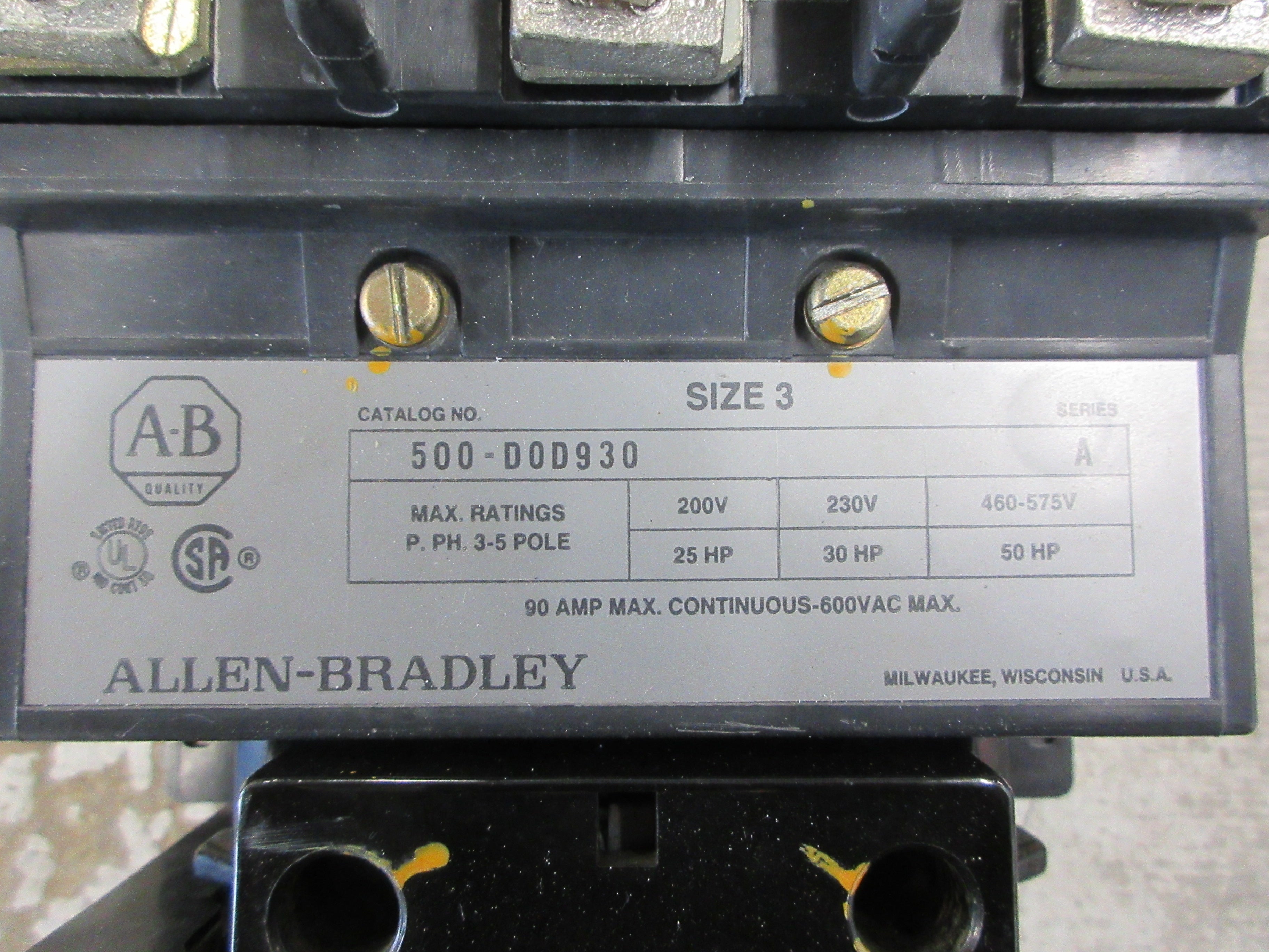 Allen-Bradley Size 3 Starter 500-DOD930 Ser. A 115-120V Coil 90A 600V Used