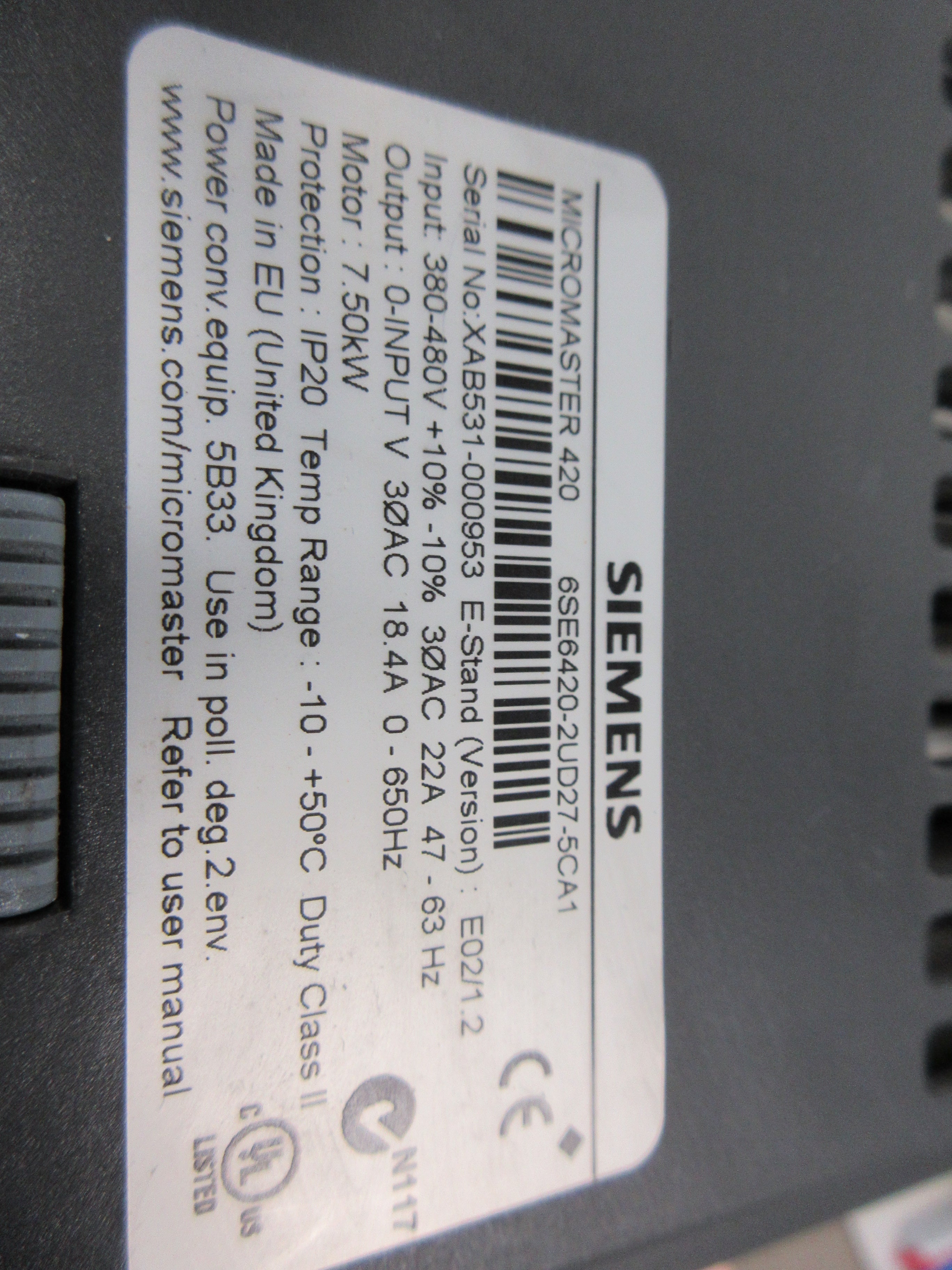 Siemens Micromaster 420 AC Drive 6SE6420-2UD27-5CA1 10HP 3Ph Used