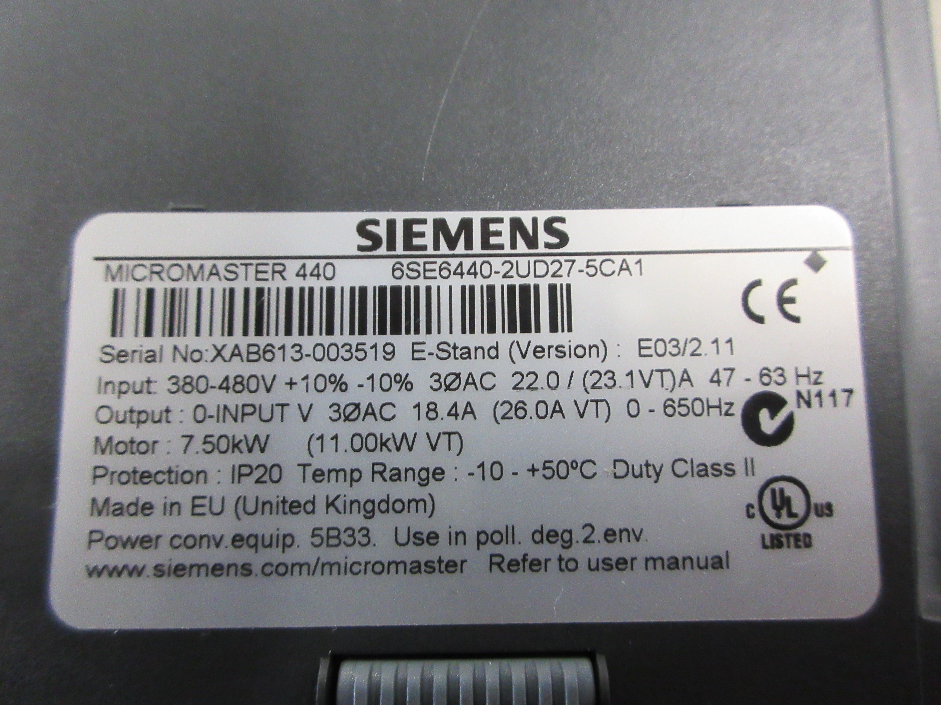 Siemens Micromaster 440 AC Drive 6SE6440-2UD27-5CA1 10HP 3Ph Used