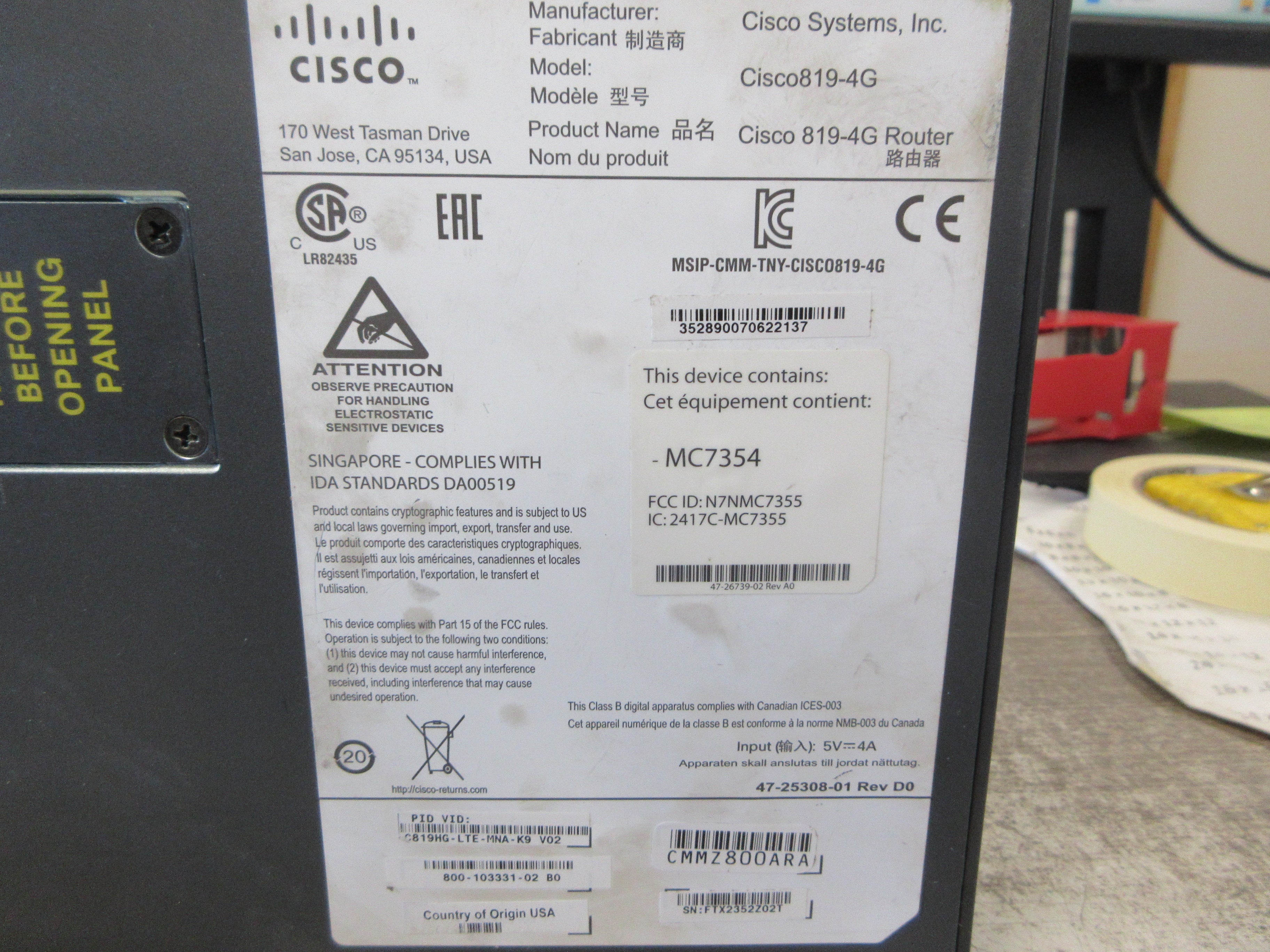 Cisco 4G LTE MTM Gateway Integrated Service Router Cisco819-4G 5VDC 4A Used