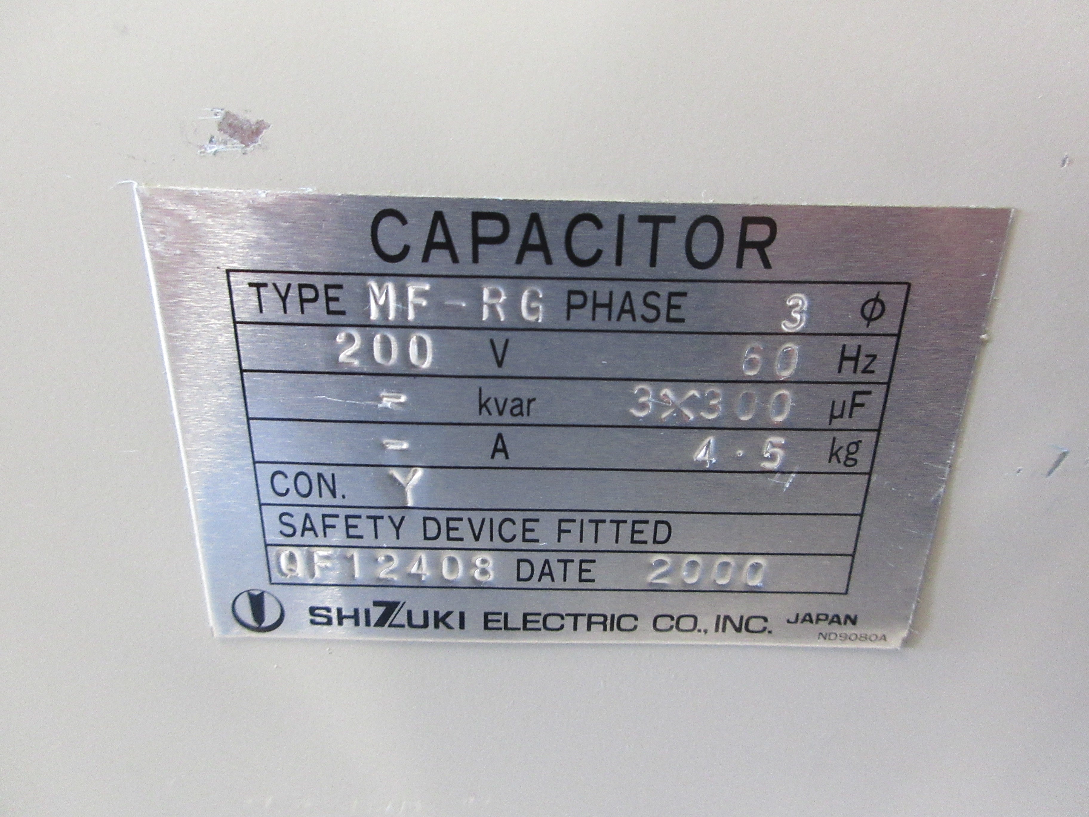 Shizuki Capacitor MF-RG 3X300uF 200V 3Ph 60Hz Used