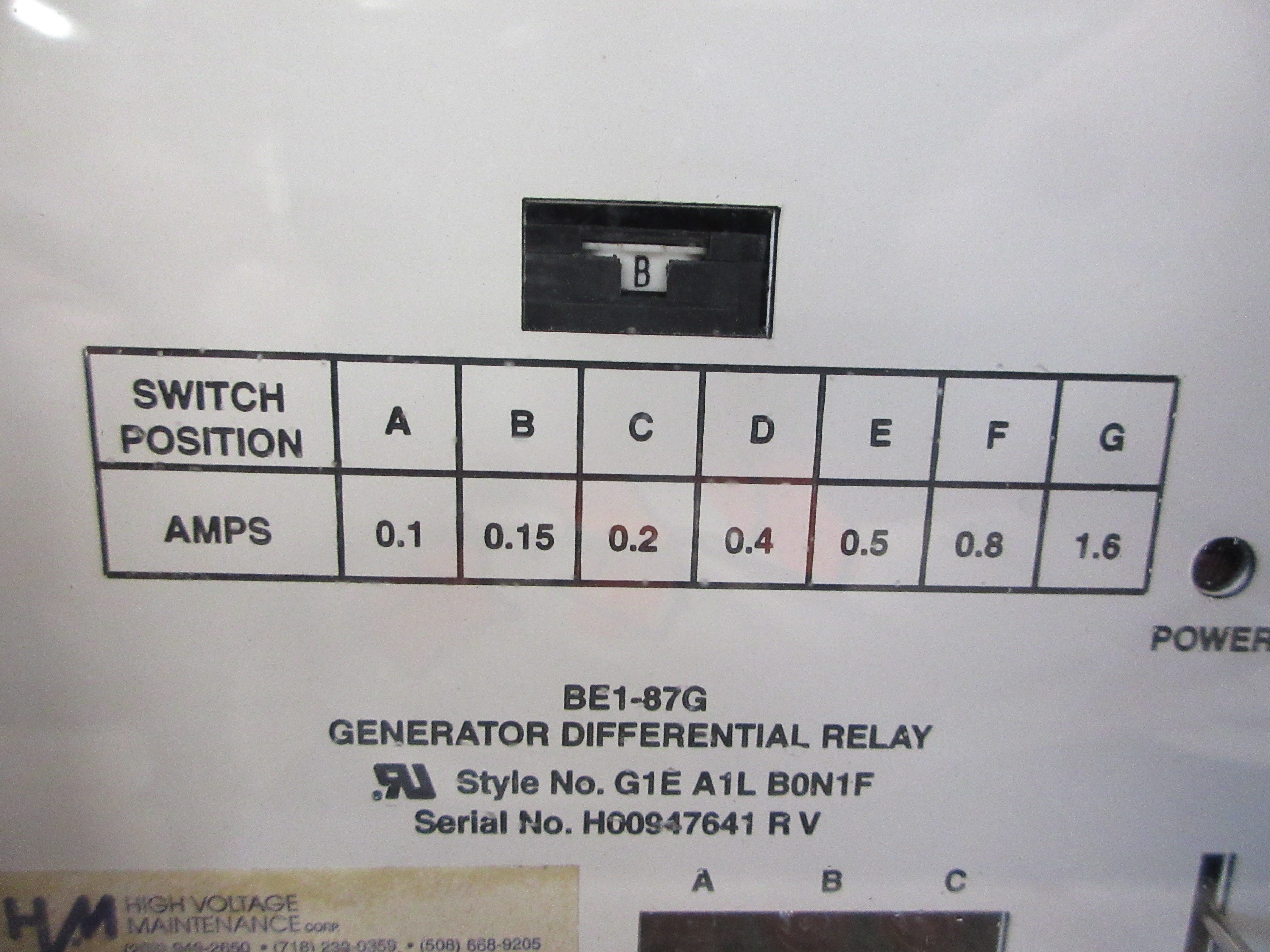 Basler BE1-87G Generator Differential Relay G1E A1L B0N1F Used