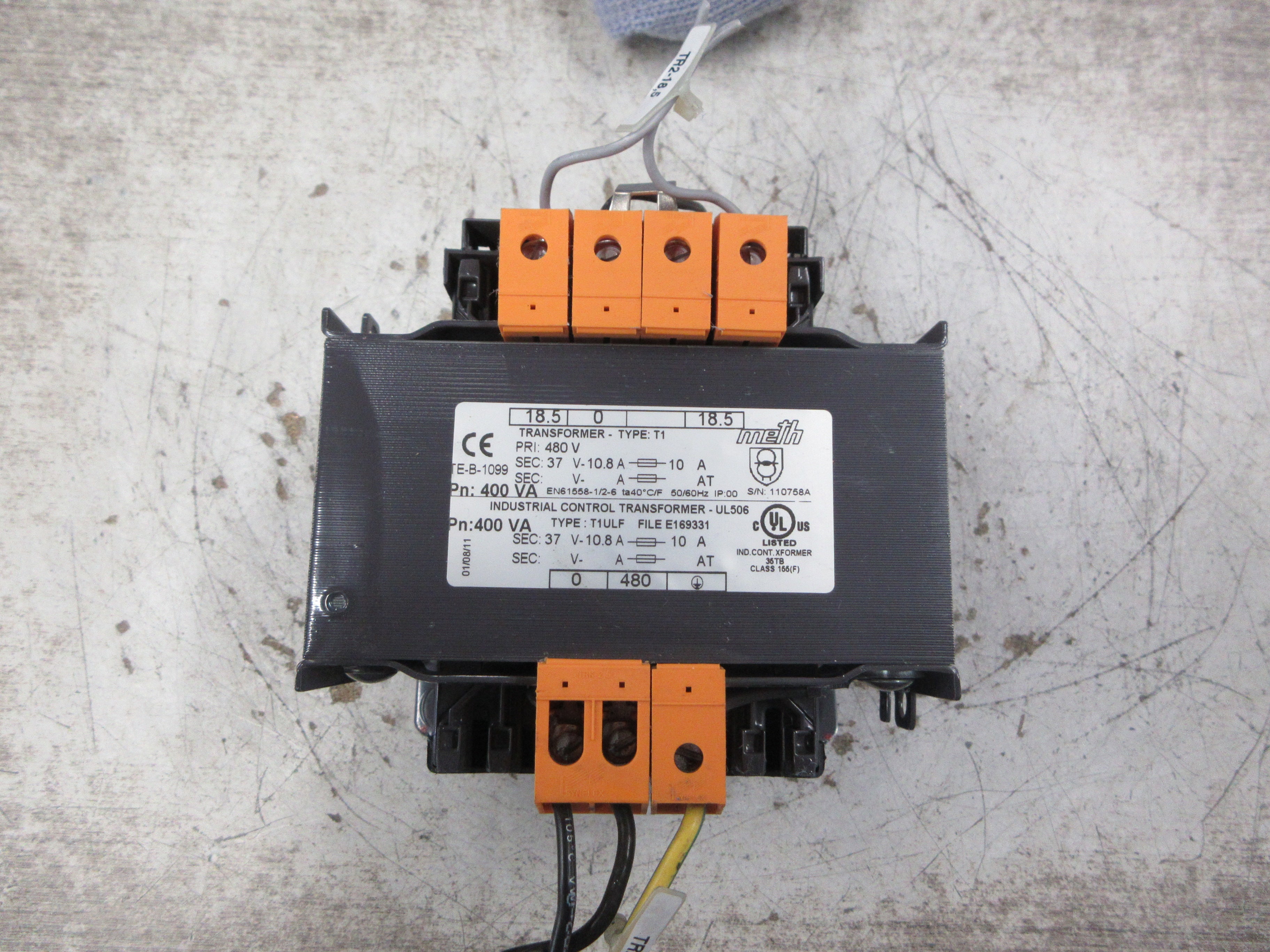 Meth Electric Control Transformer T1ULF 400VA Pri: 480V Sec: 37V Used