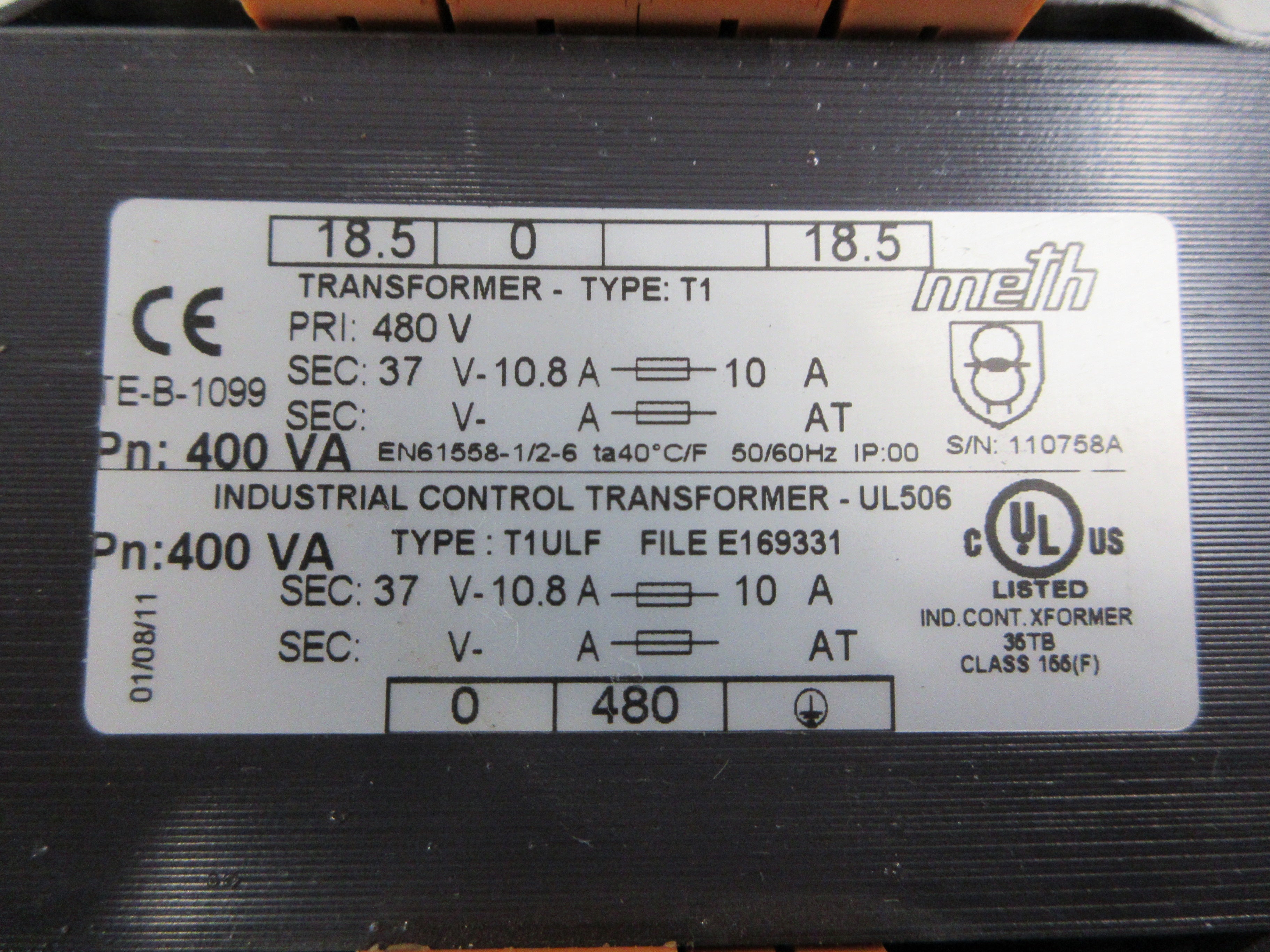 Meth Electric Control Transformer T1ULF 400VA Pri: 480V Sec: 37V Used