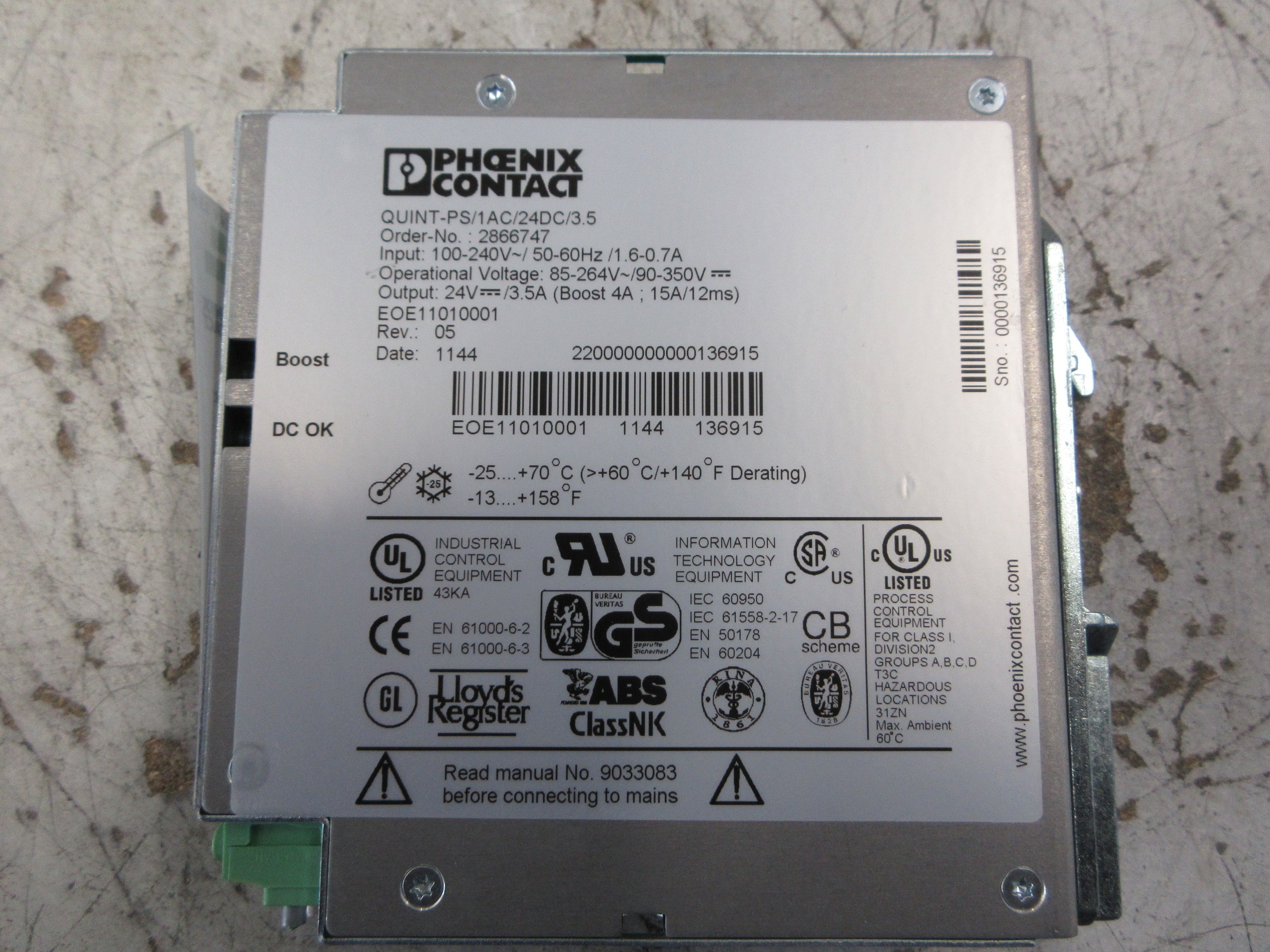 Phoenix Contact Quint Power Supply 2866747 Rev. 05 QUIINT-PS/1AC/24DC/3.5 Used