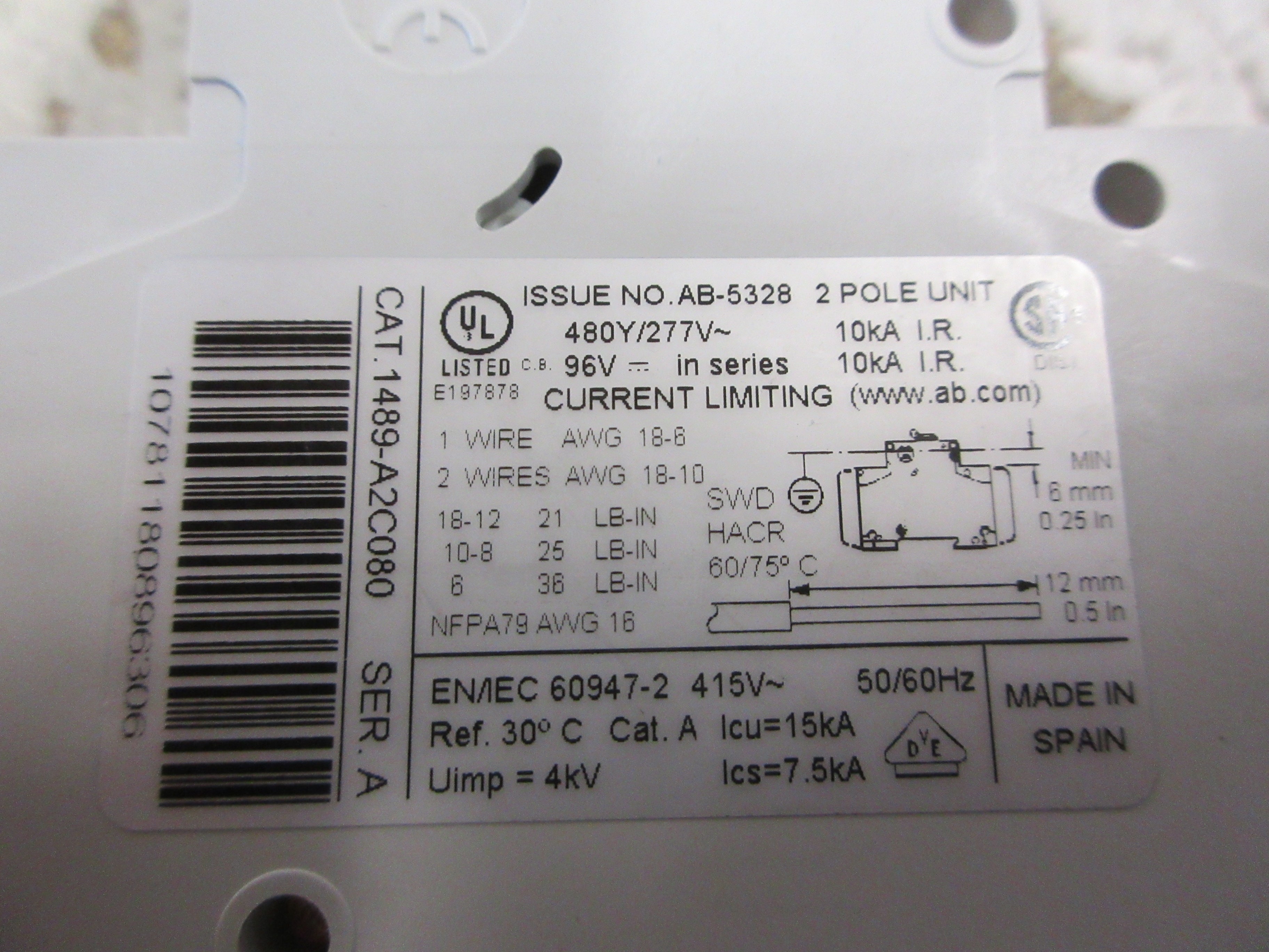 Allen-Bradley Circuit Breaker 1489-A2C080 Ser. A 8A 480Y/277V 2P Used
