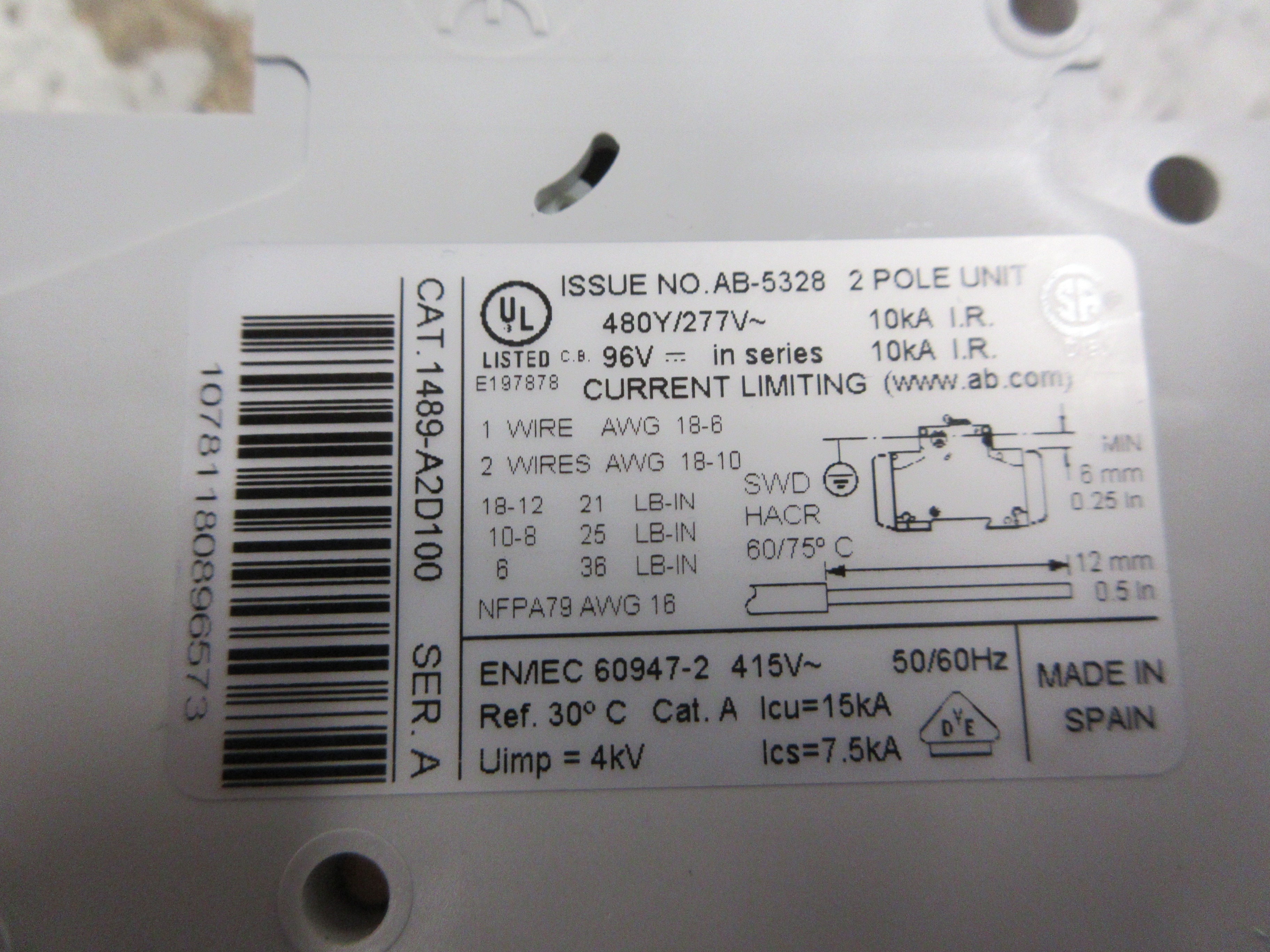 Allen-Bradley Circuit Breaker 1489-A2D100 Ser. A 10A 480Y/277V 2P Used