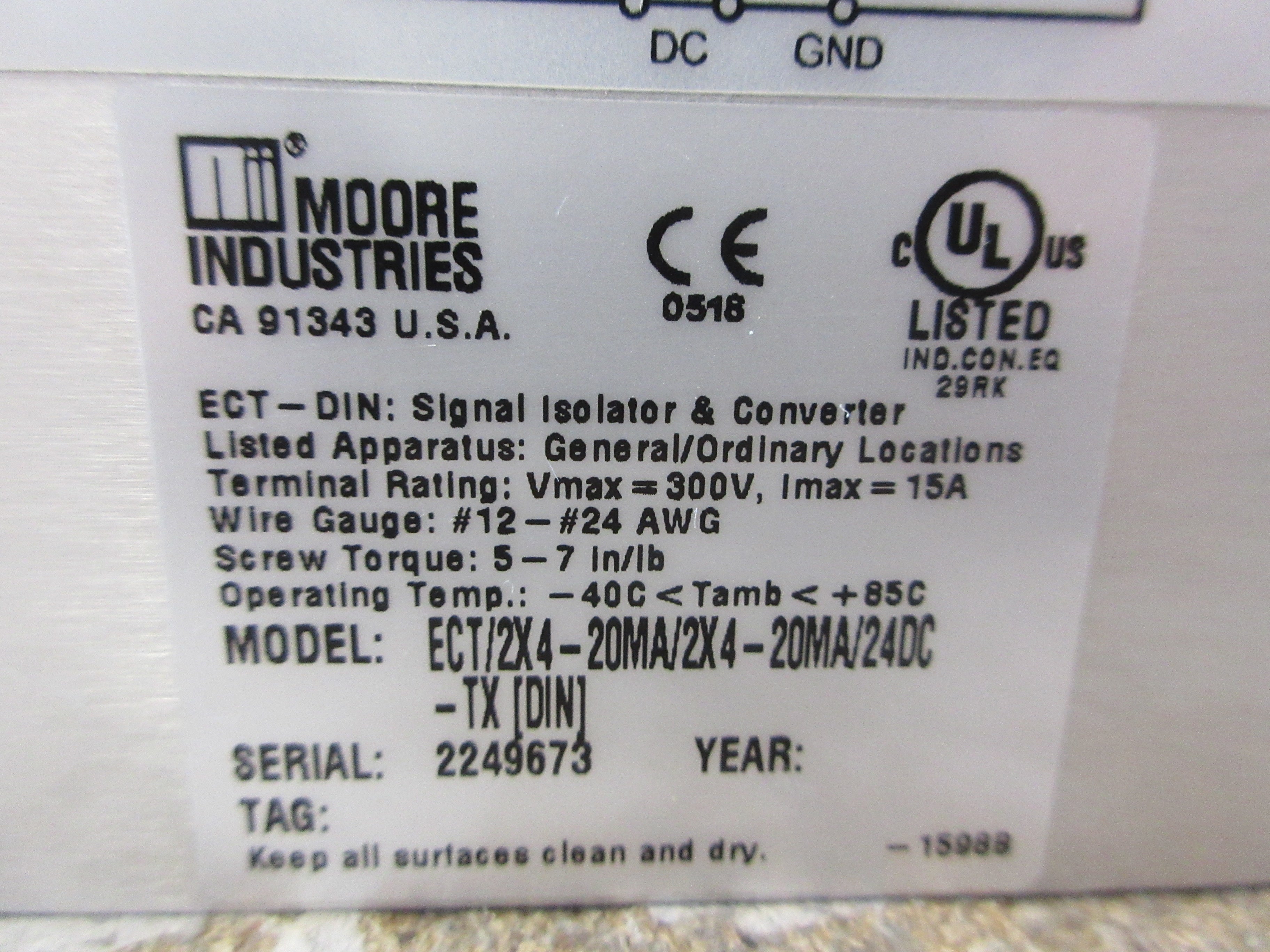 Moore Industries Dual Signal Isolator Converter ECT/24-20MA/24-20MA/24DC-TX(DIN)