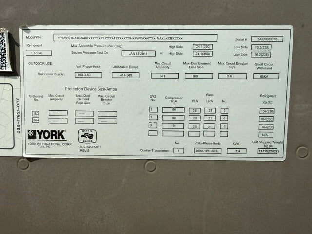 York YCIV Air Cooled Chiller YCIV0397PA46V 400 Ton (397 Ton Nominal) 460V Used