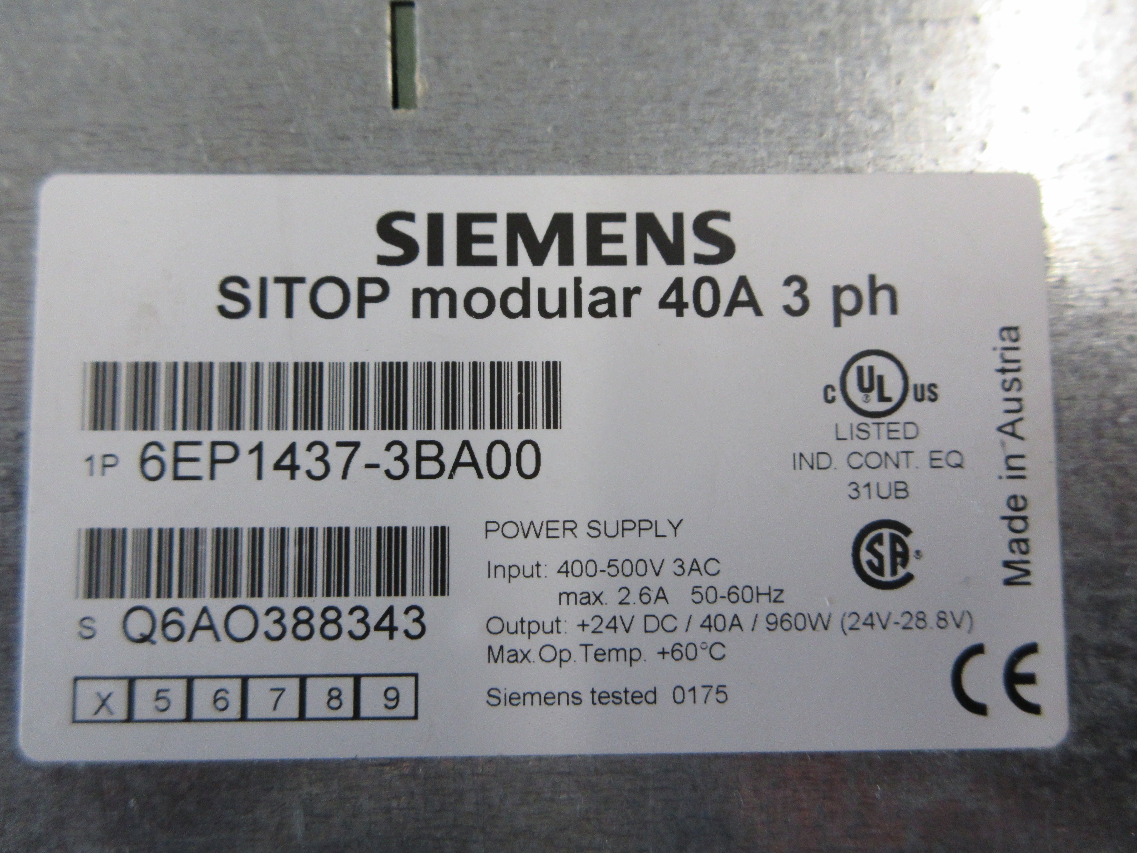 Siemens SITOP Modular Power Supply 6EP1437-3BA00 960W Used