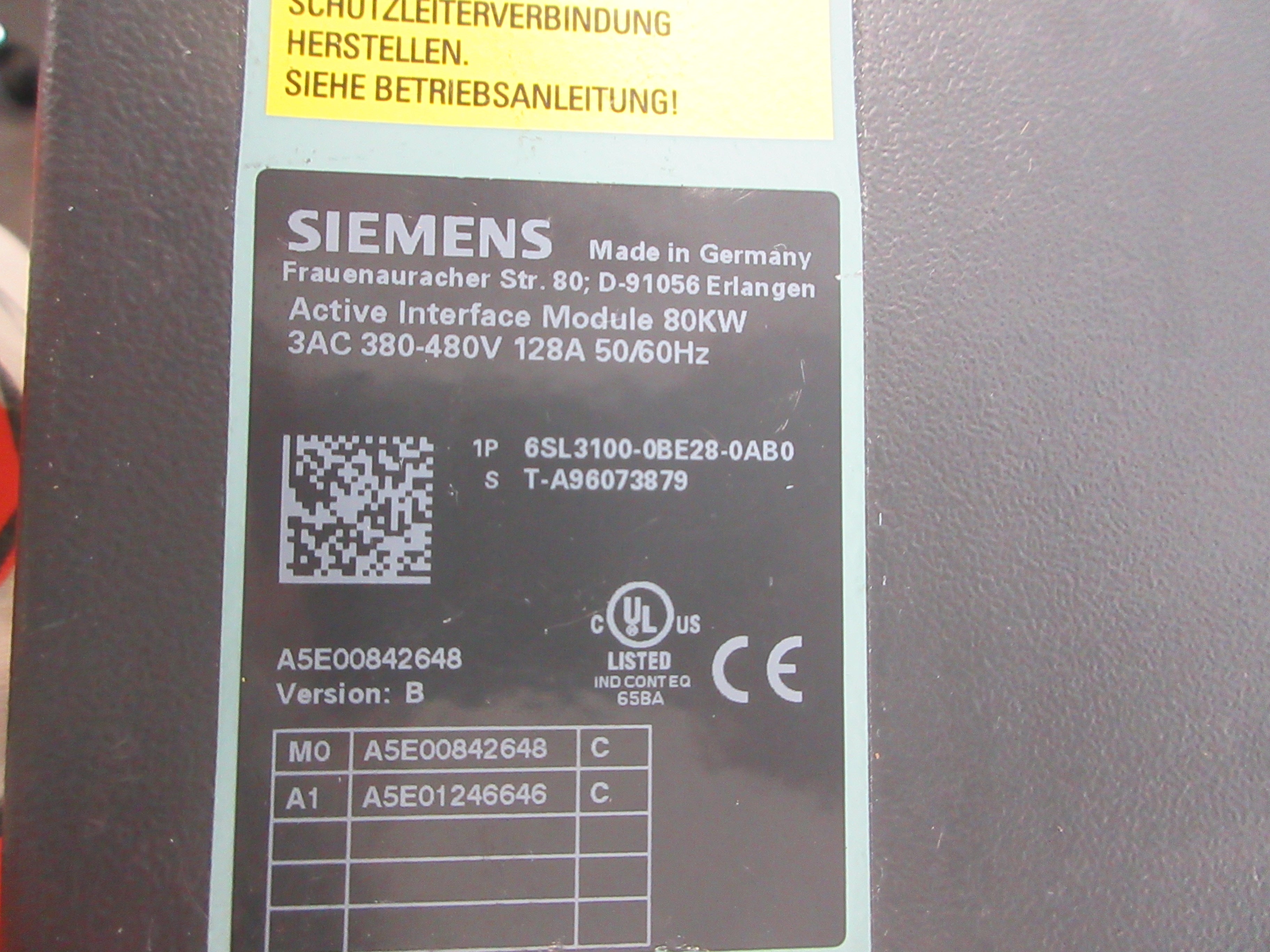 Siemens Active Interface Module 6SL3100-0BE28-0AB0 Ver. B 80KW 380-480V 3Ph Used